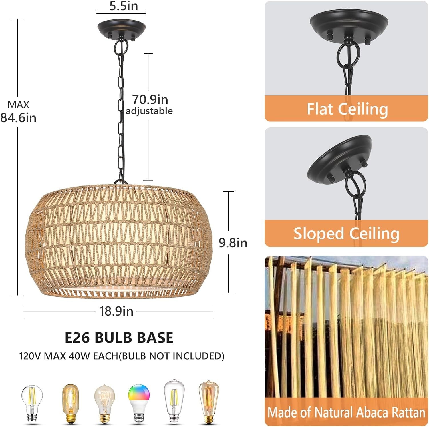 Rattan Farmhouse Chandelier Light Brown Rattan Metal