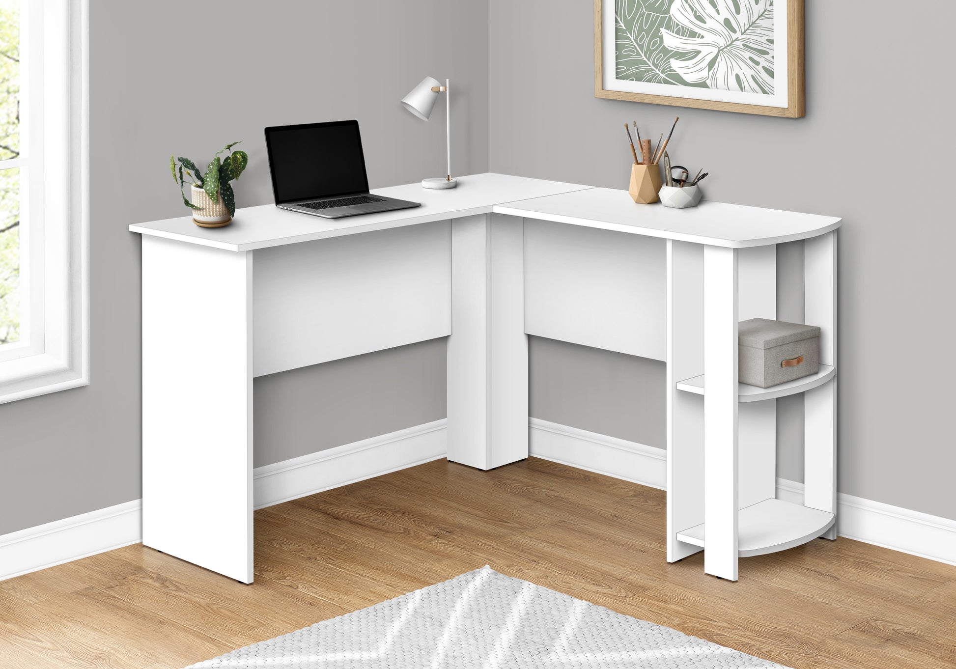 Computer Desk, Home Office, Corner, Storage Shelves, 48"L, L Shape, Work, Laptop, White Laminate, Contemporary, Modern White Particle Board