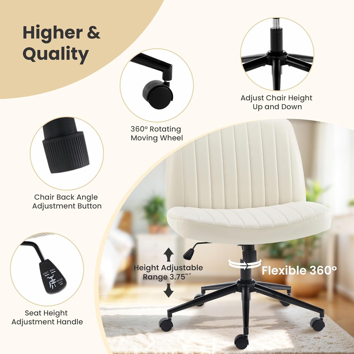 Criss Cross Chair With Wheels, Armless Legged Office Desk Chair, Comfy Swivel Rolling Vanity Chair, Ergonomic Fabric Modern Wide Seat Adjustable Home Office Chair White Pu White Metal