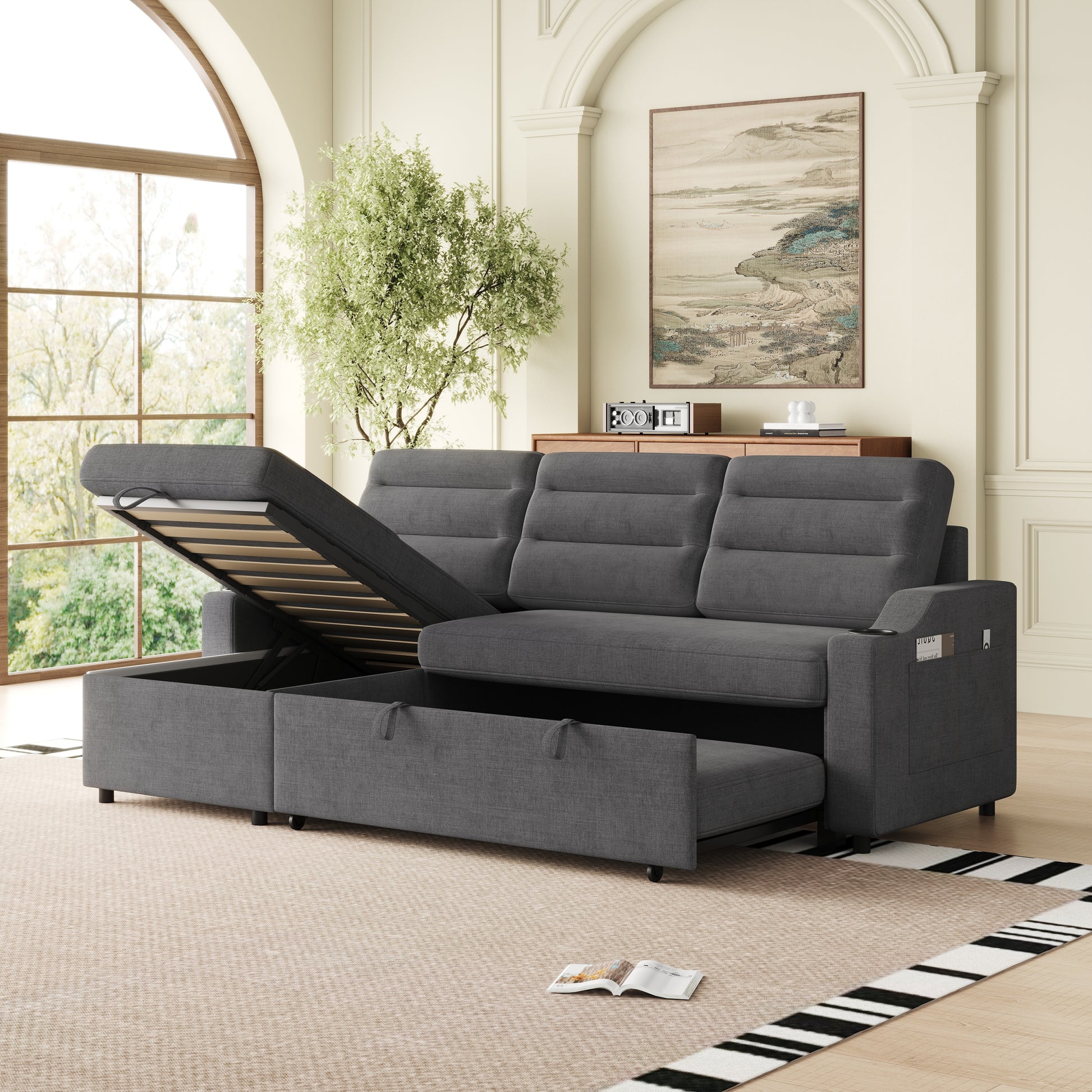 Mh83.5" Convertible Sleeper Combo Sofa, Convertible Sofa Bed Polyester Pullout Bed With Storage Recliner And Cup Holder For Living Room, Tight Spaces Dark Grey Polyester Wood Primary Living Space Pine Foam Fabric 3 Seat