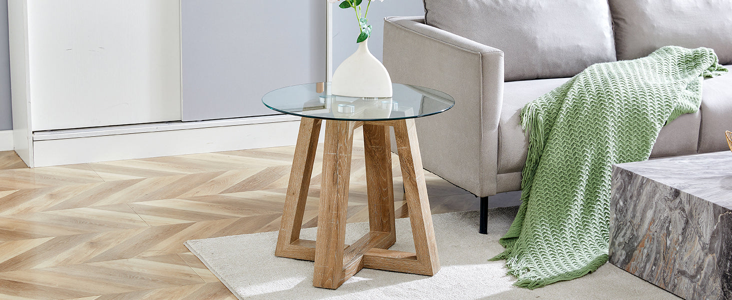 Modern And Practical Round Table. Made Of Clear Tempered Glass Top And Wood Coloured Mdf Material. Suitable For Living Rooms And Bedrooms. Wood Mdf Glass