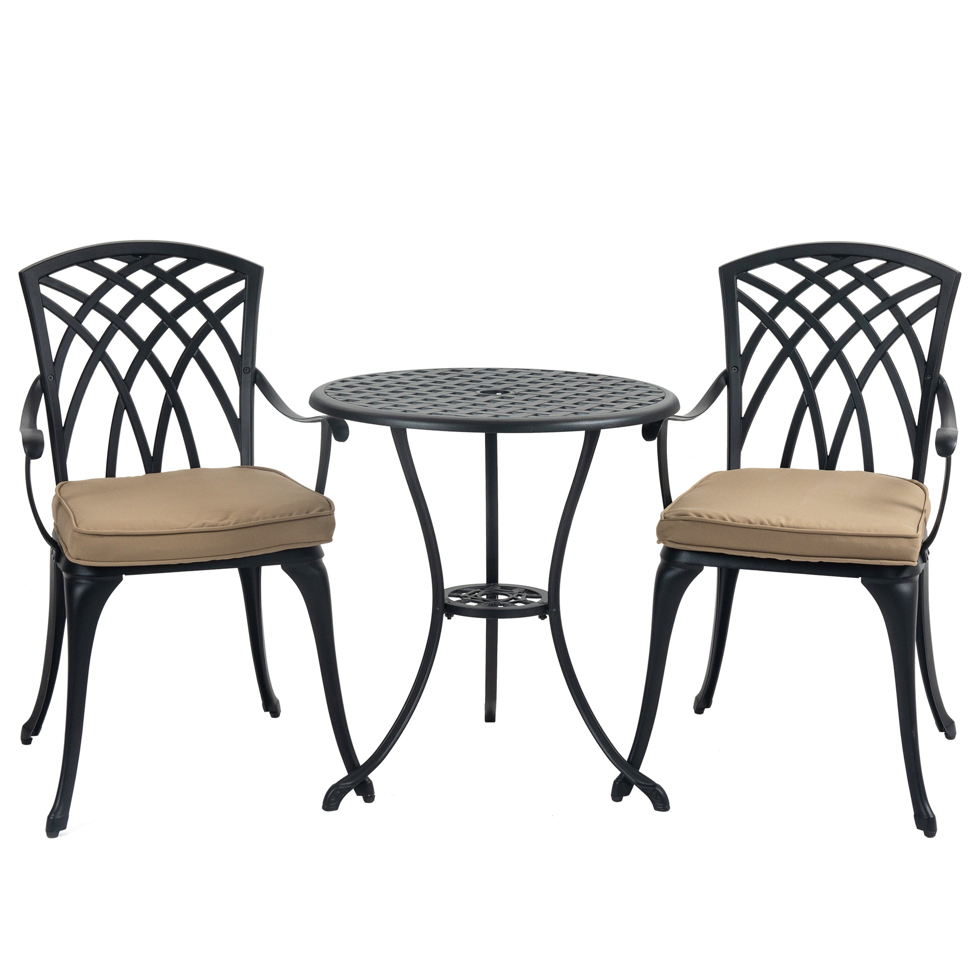 3 Piece Bistro Table Set Cast Aluminum Outdoor Patio Furniture With Umbrella Hole And Grey Cushions For Patio Balcony, Black Black Aluminium