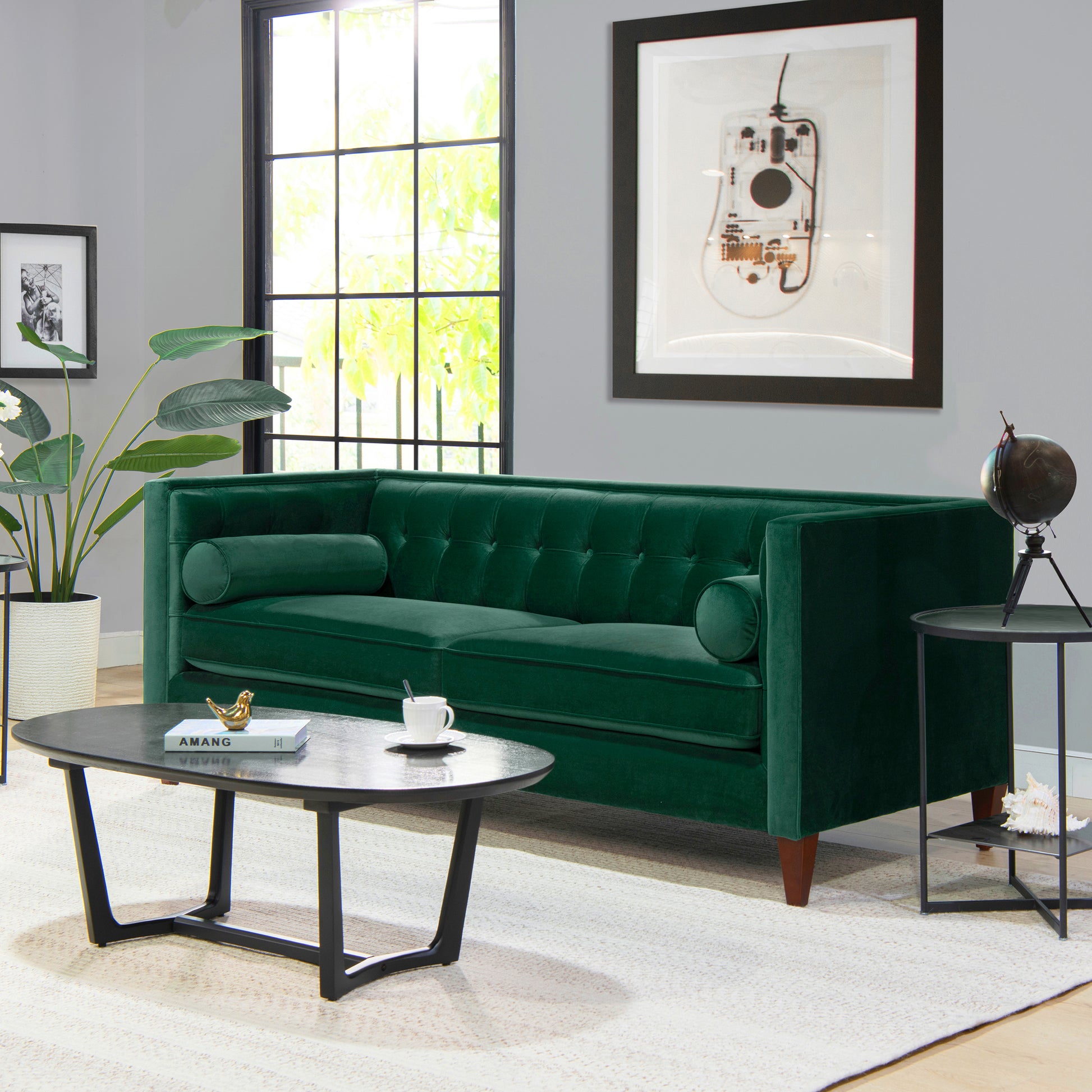 Jack 84" Modern Tuxedo Tufted Sofa, Evergreen Velvet Green Foam Velvet 3 Seat