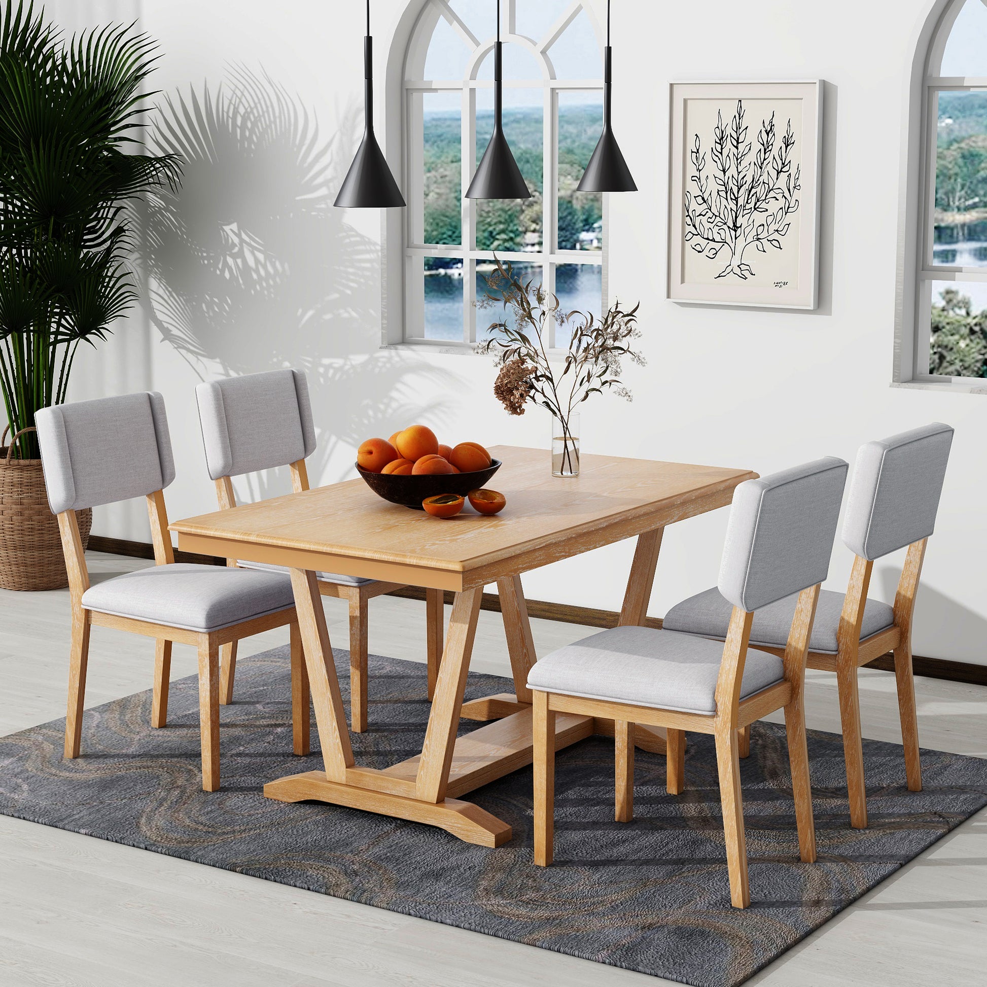 Rustic 5 Piece Dining Table Set With 4 Upholstered Chairs, 59 Inch Rectangular Dining Table With Trestle Table Base, Naural Wood Dining Room Solid Wood Rubberwood Rectangular Dining Table With Chair