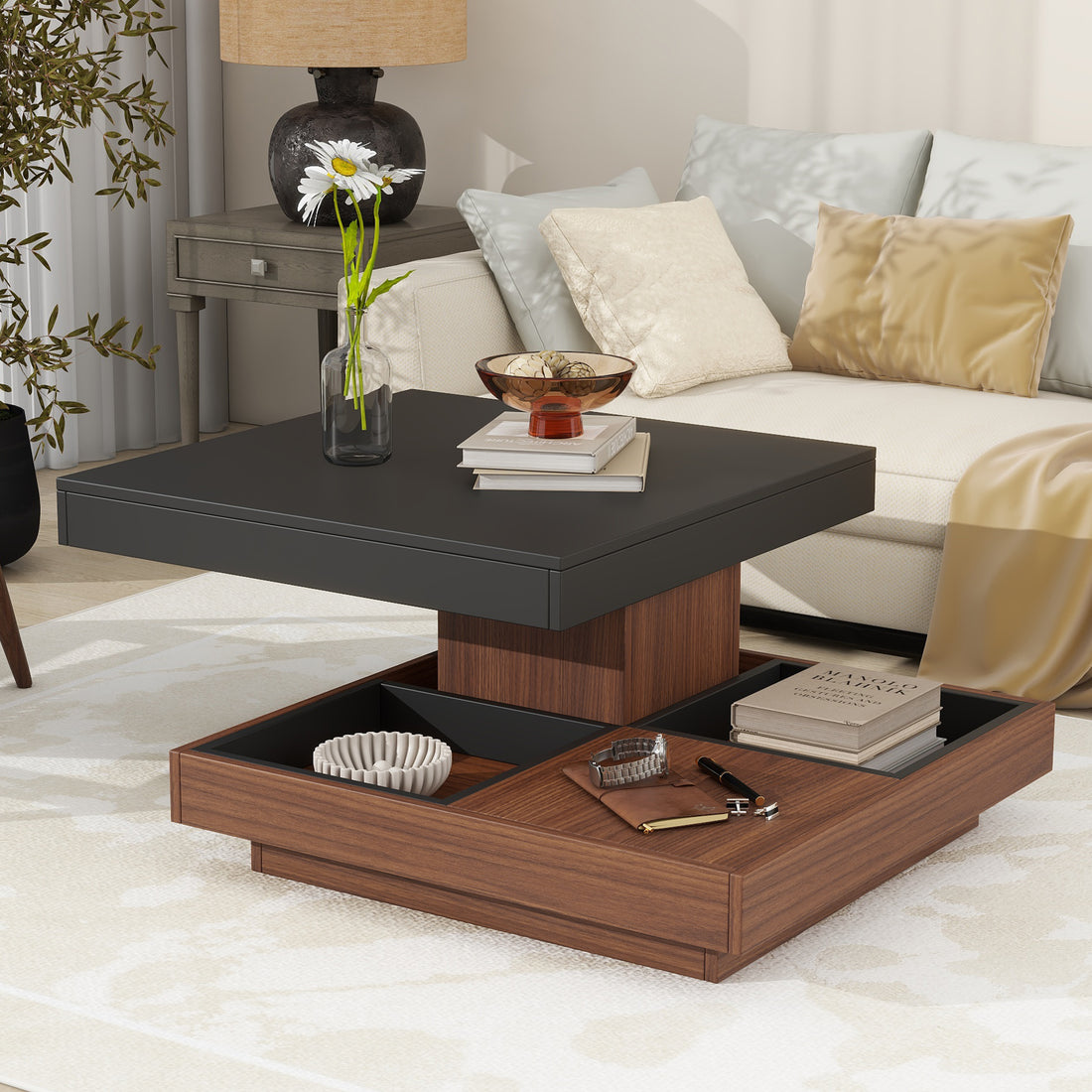 Modern Square 360 Rotating Coffee Table With Three Detachable Tray, 2 Tier Farmhouse Wood Center Table With Storage For Living Room, Black, 27.5*27.5In Black Dark Walnut Primary Living Space Mdf