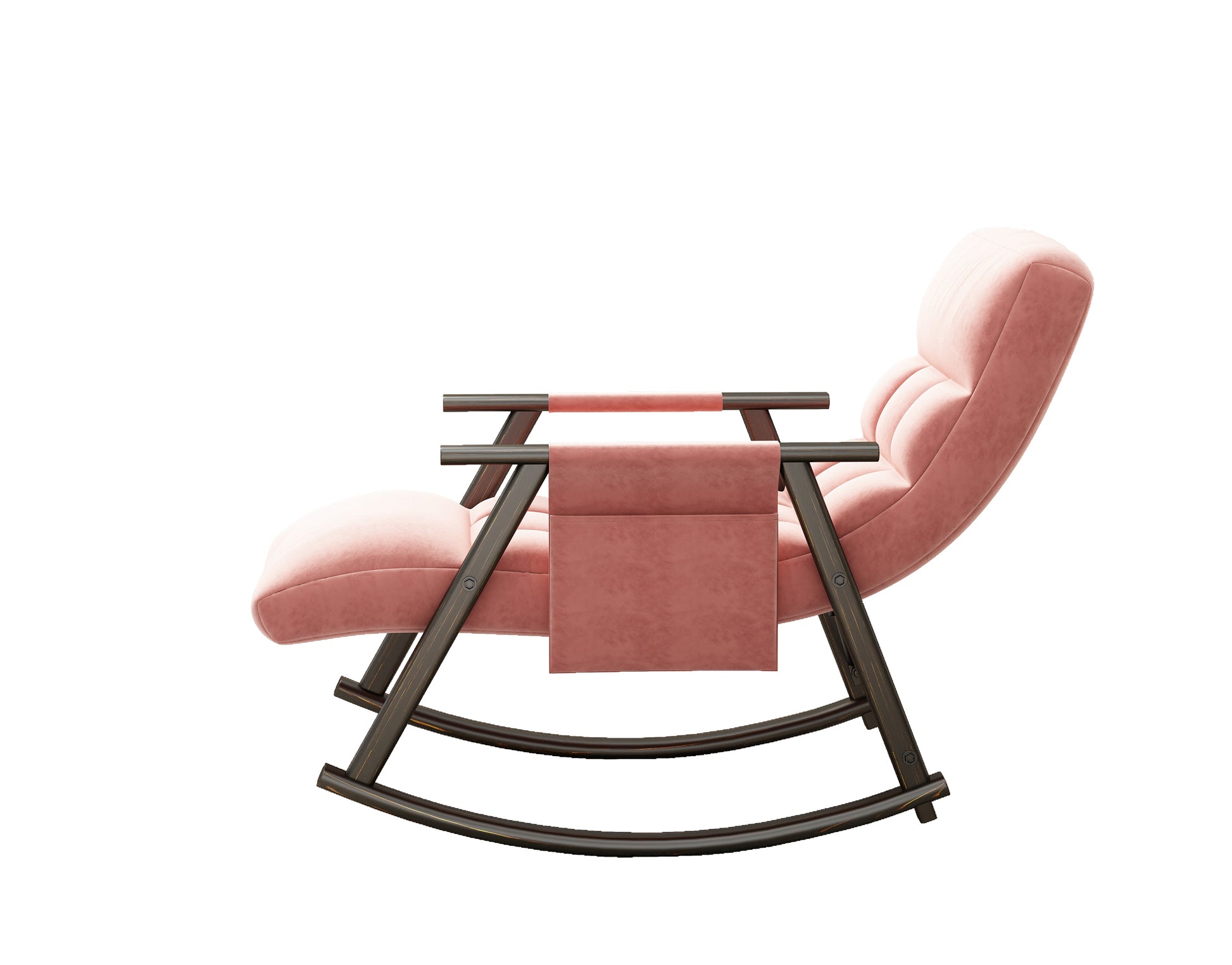 Casual Folding Rocking Chair Upholstered, Lounge Rocking Chair Adjustable High Back And Foot Rest,Side Pockets Placed In Living Room Bedroom Balcony Pink Velvet