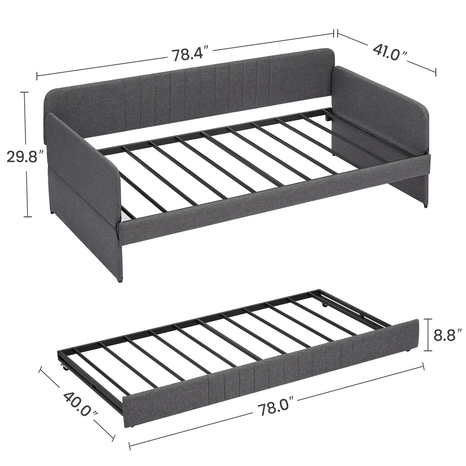 Daybed, Sofa Bed Metal Framed With Trundle Twin Size, Grey, 78.4''L X 41''W X 29.8''H. Twin Grey Iron