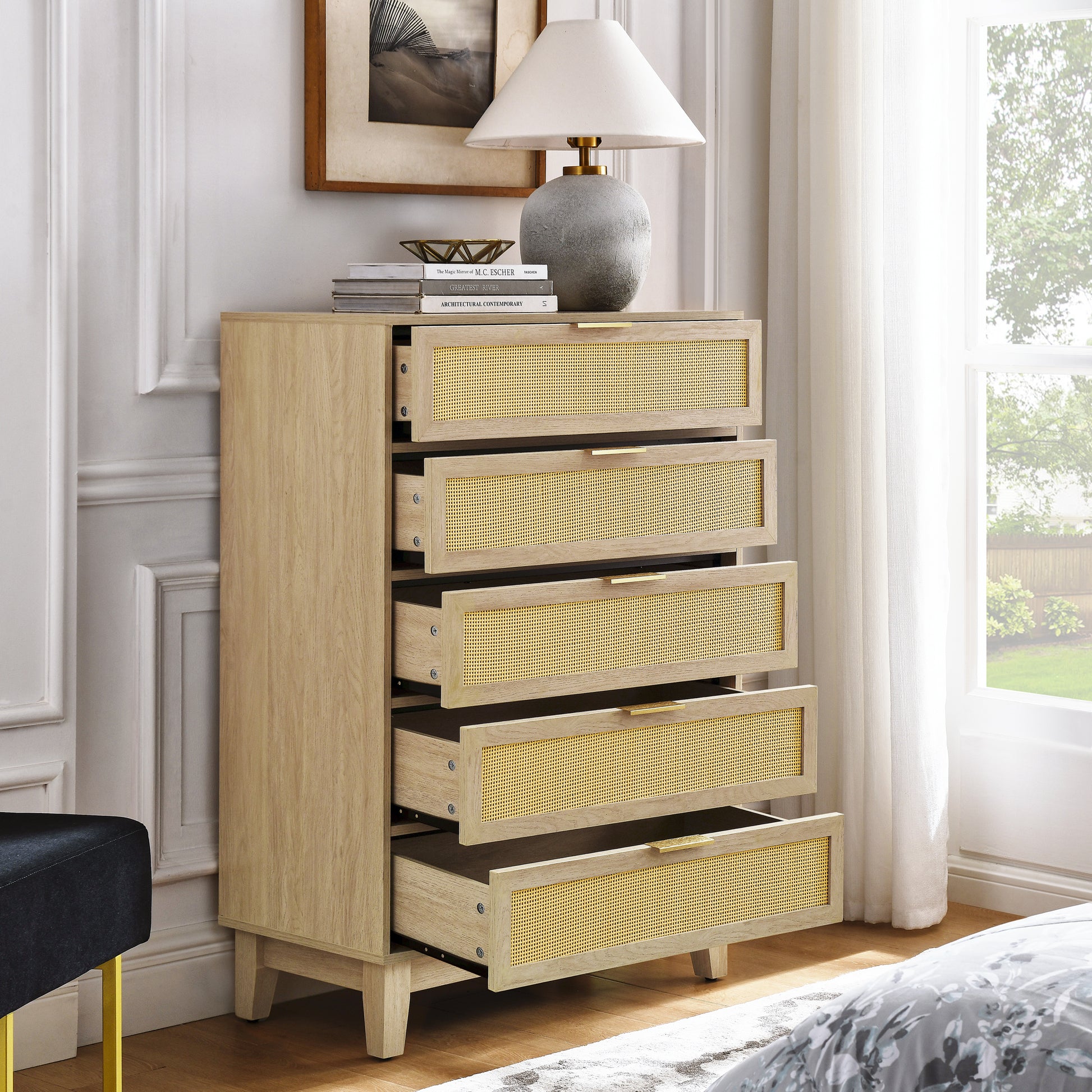 Bedroom 5 Drawer Dresser, Rattan Dresser Modern Wooden Chest Of Drawers With Spacious Storage Space For Bedroom Hallway Living Room Natural Wood Solid Wood Mdf