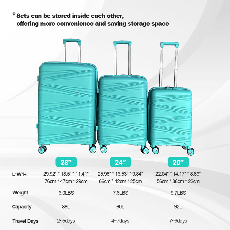 Hard Shell Luggage, 3 Piece Set, With Tsa Lock, 20 Inches 24 Inches 28 Inches Teal Blue Polypropylene