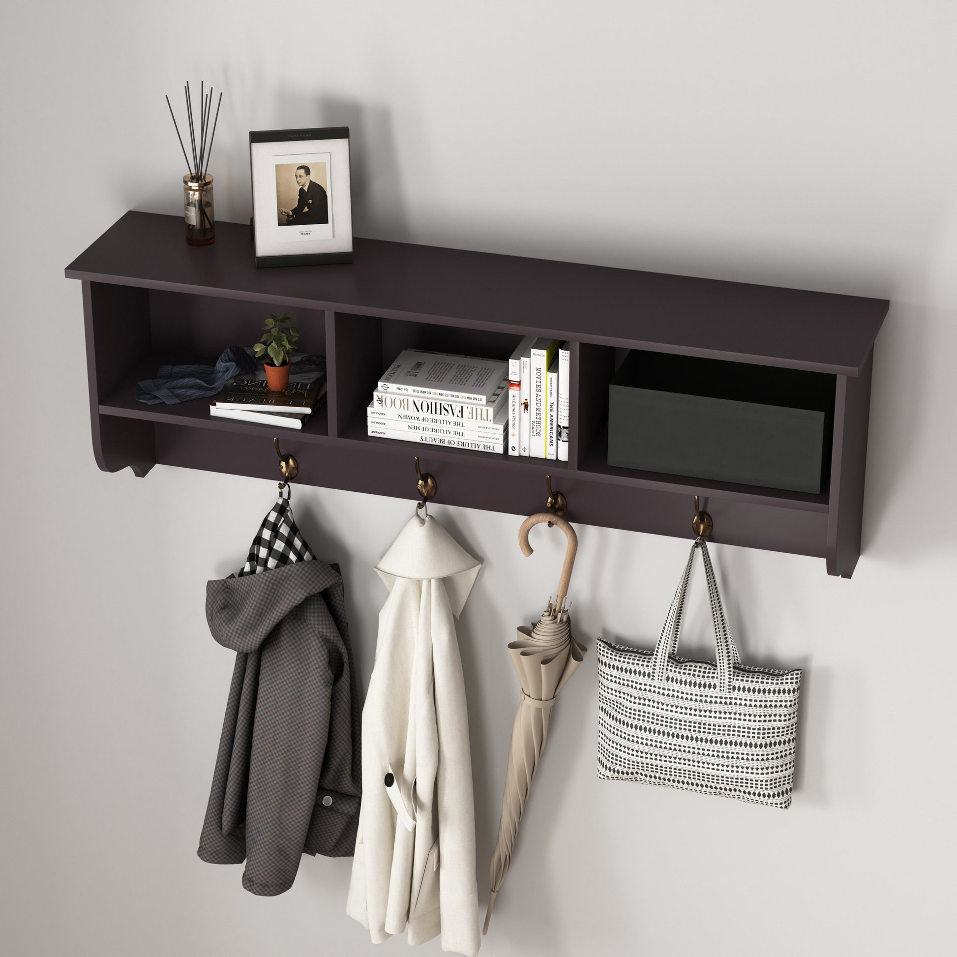 Espresso Entryway Wall Mounted Coat Rack With 4 Dual Hooks Living Room Wooden Storage Shelf Espresso Mdf