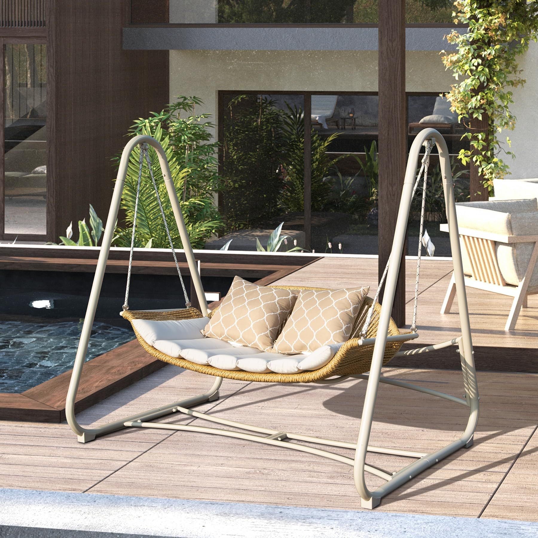 Outdoor Patio Porch Swing, 2 Seat Hanging Swing Chair With Thickened Cushions And Pillow, Rattan Porch Swing Chair Outdoor Hammock Chair For Porch, Backyard, Garden Yes White Garden & Outdoor 2 Person Seating Group Steel