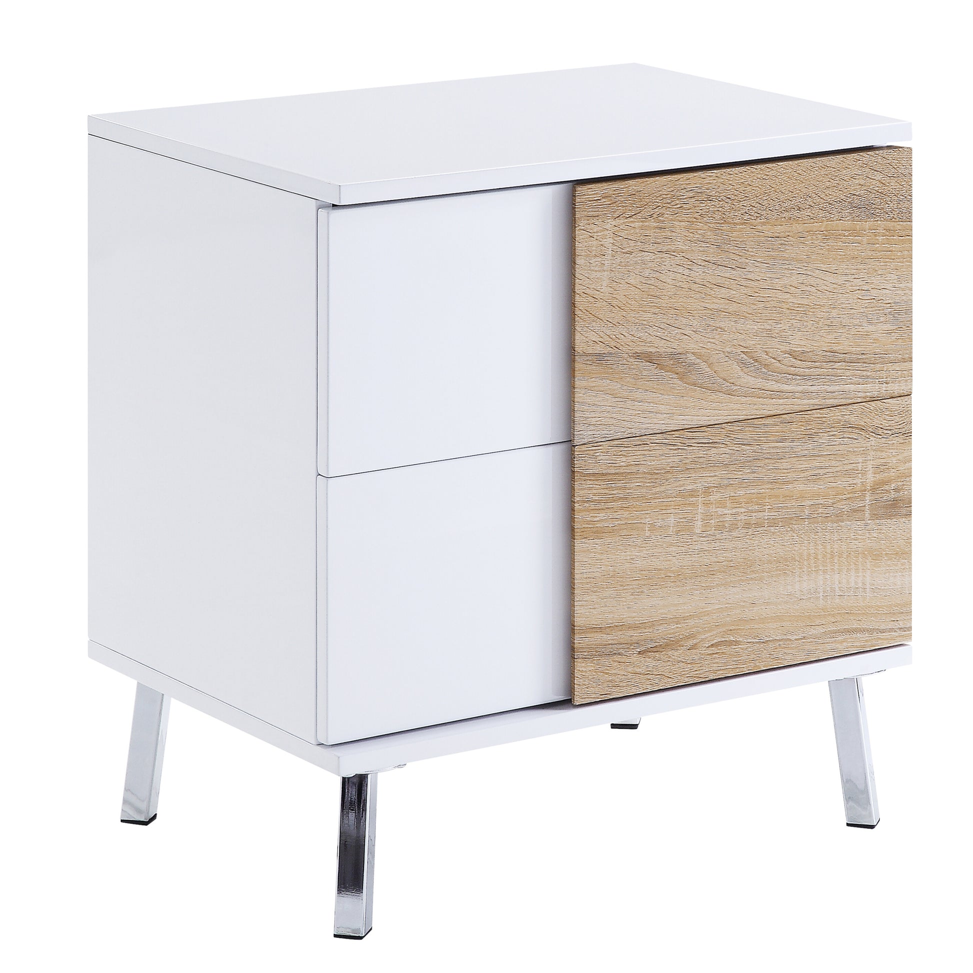 White High Gloss And Natural End Table With 2 Drawers White Primary Living Space Contemporary Drawers Rectangular Wood Metal