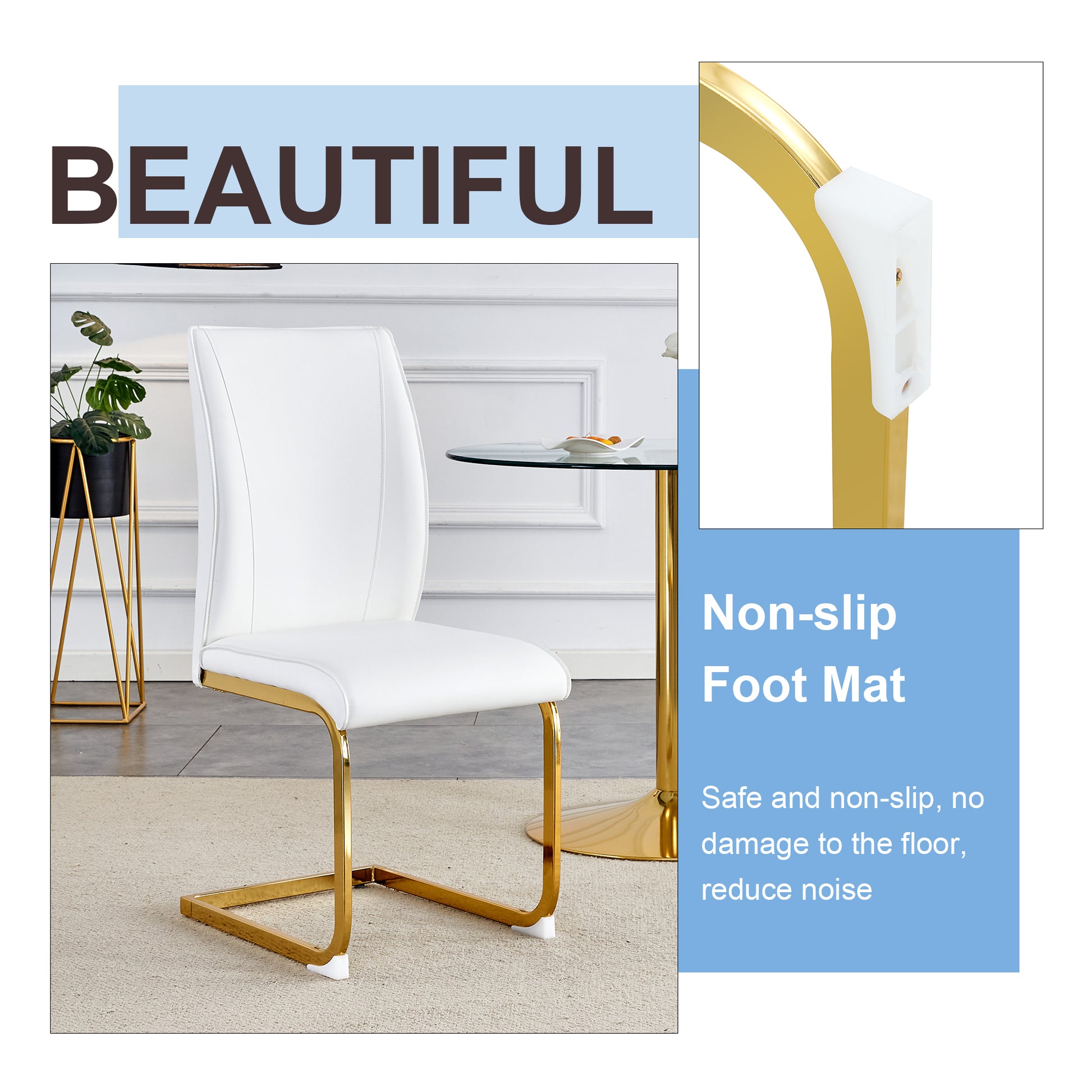Luxury Simple Arch Chair Set Of 4 White Pu Material High Resilience Dining Chair With Arched Metal Gold Leg. White Gold Metal,Pu
