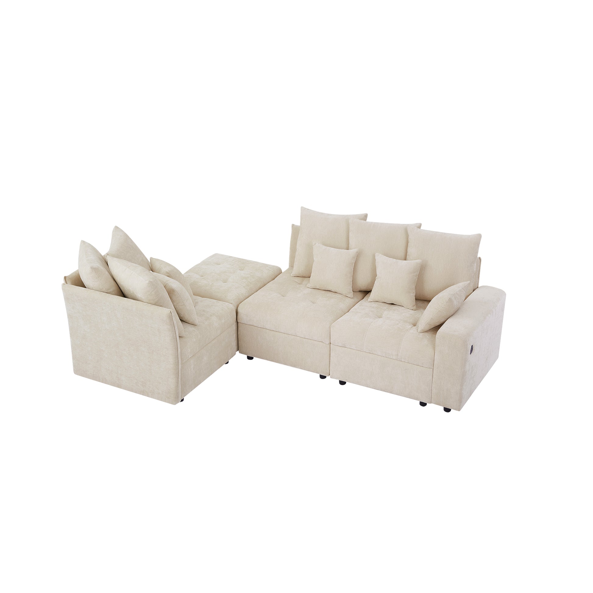 96.45"Sectional Sofa Modular Sofa Couch With Three Usb Ports, A Removable Storage Ottoman And Five Back Pillows For Living Room, Beige Beige Foam Chenille 4 Seat