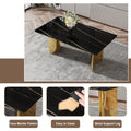 Table And Chair Set.The Table Has A Glass Tabletop With Imitation Marble Pattern Stickers And Stainless Steel Golden Table Legs. Paried With Comfortable Chairs With Pu Seats And Metal Legs. Gold Black Seats 6 Glass Metal