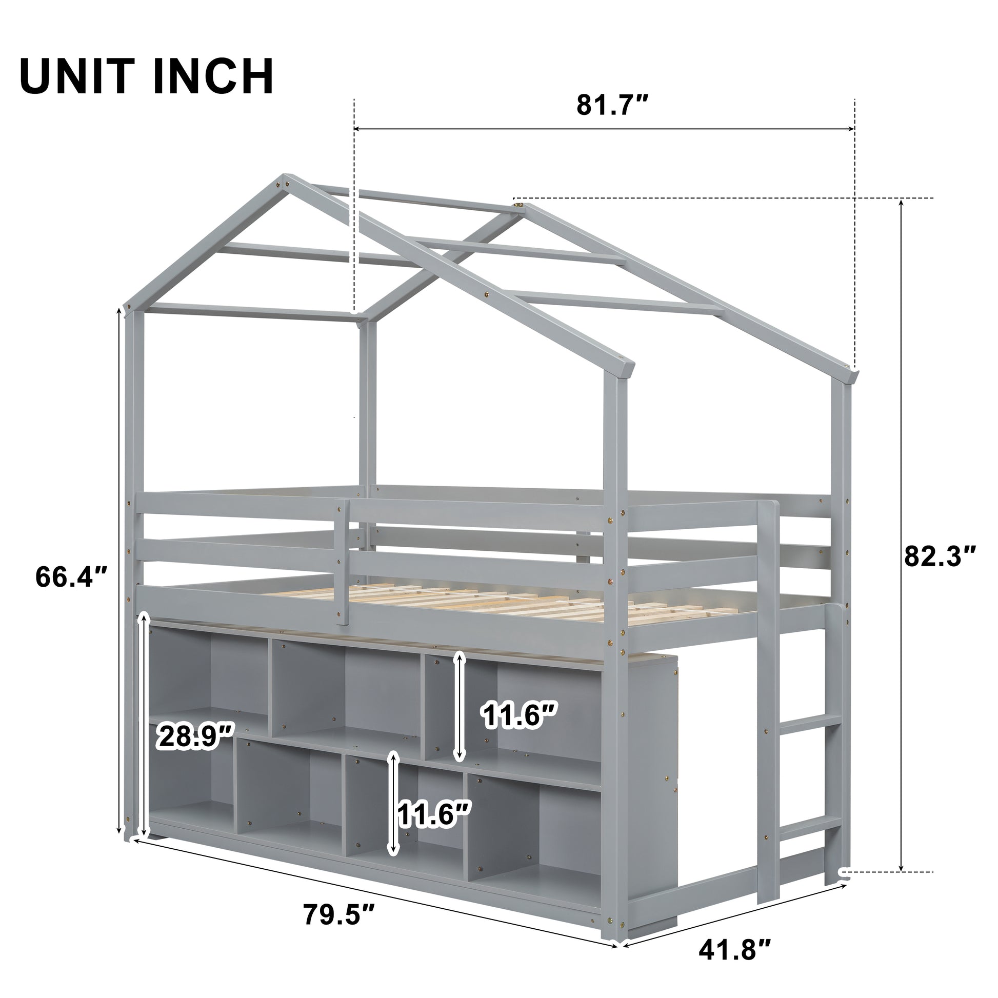 Twin House Loft Bed With Roof Frame, Under Bed Shelving Storage Unit, Guardrails, Ladder,Grey Twin Gray Bedroom American Design Pine Pine