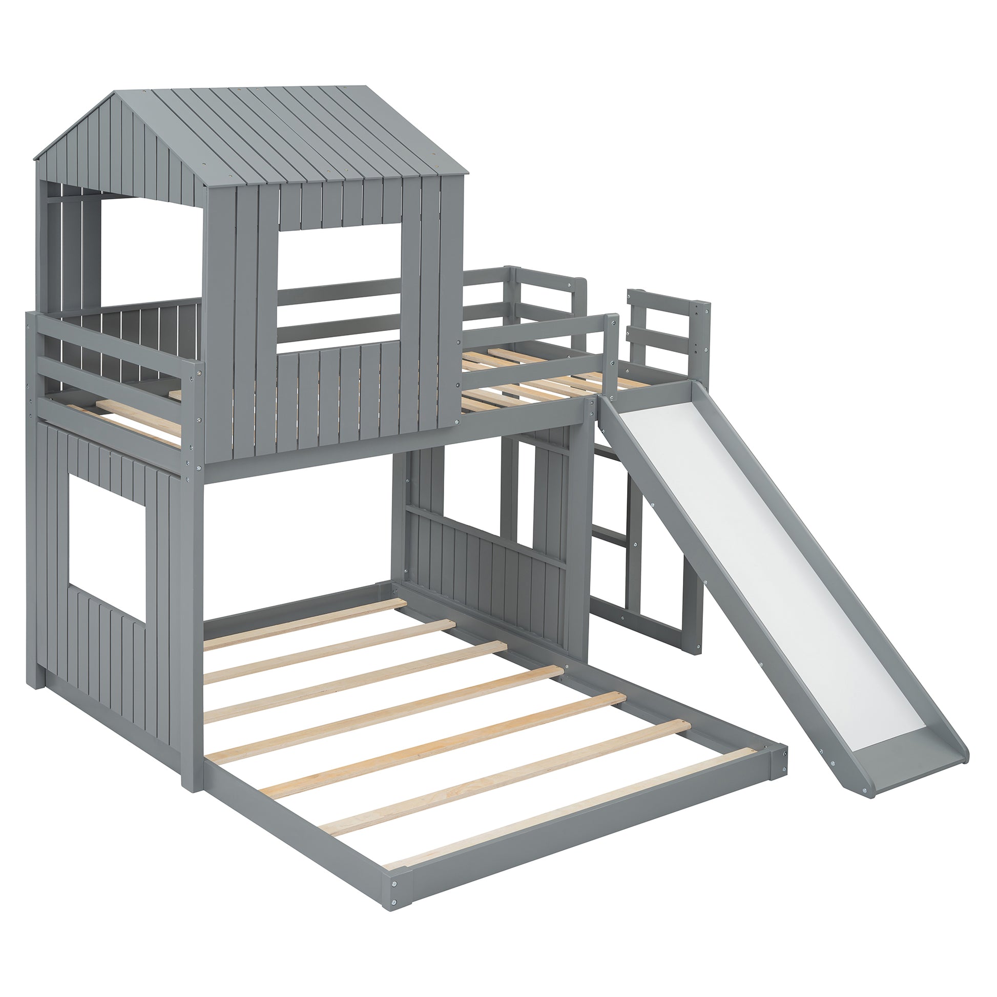 Wooden Twin Over Full Bunk Bed, Loft Bed With Playhouse, Farmhouse, Ladder, Slide And Guardrails, Gray Old Sku :Lt000028Aan Twin Gray Solid Wood