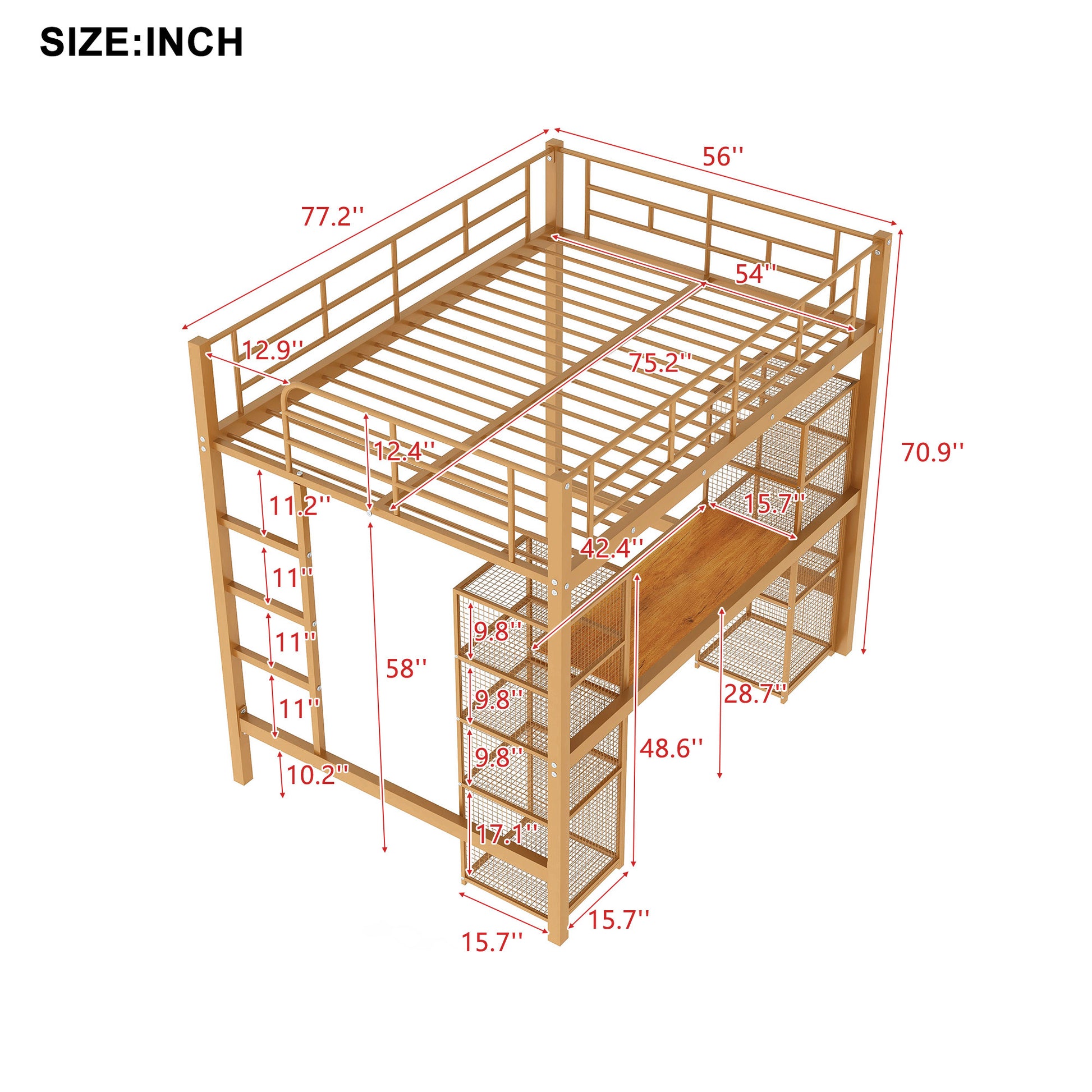 Full Size Metal Loft Bed With Built In Desk And Shelves, Gold Brown Box Spring Not Required Full Brown Gold Metal Bedroom Mdf Metal