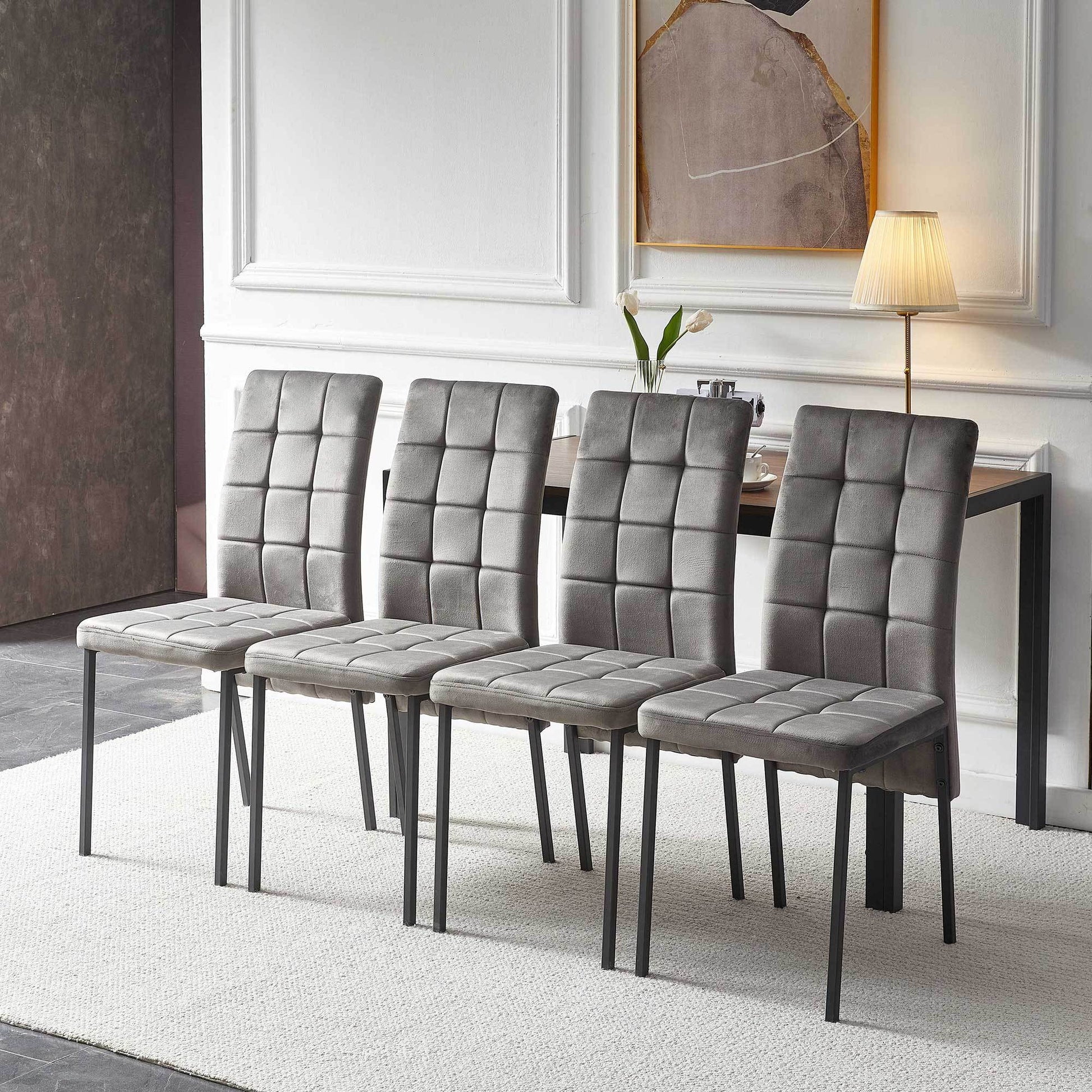 5 Piece Dining Set Including Grey Velvet High Back Nordic Dining Chair & Creative Design Mdf Dining Table Walnut Solid Back Seats 4 Brown Metal Dining Room Modern Foam Dining Table With Chair Mdf