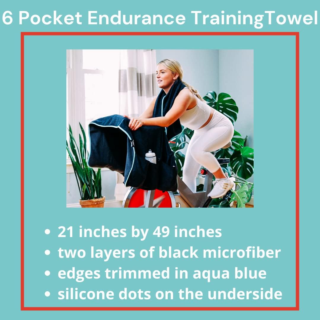 Sweat Protection Towel, Handdlebar Sweat Towel For Peloton, Echelon Bike, Bike Trainer Stand, Indoor Cycling Workout Towel With 6 Pocket For Water Bottle Or Phone Holder Black Polyester