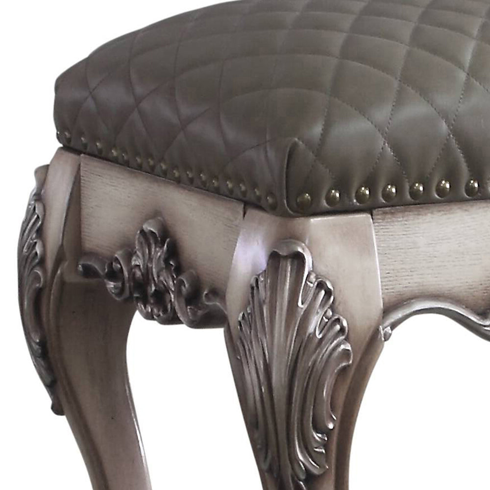 Grey And Vintage Bone White Vanity Stool With Tufted Seat Grey Bedroom Wood Fabric