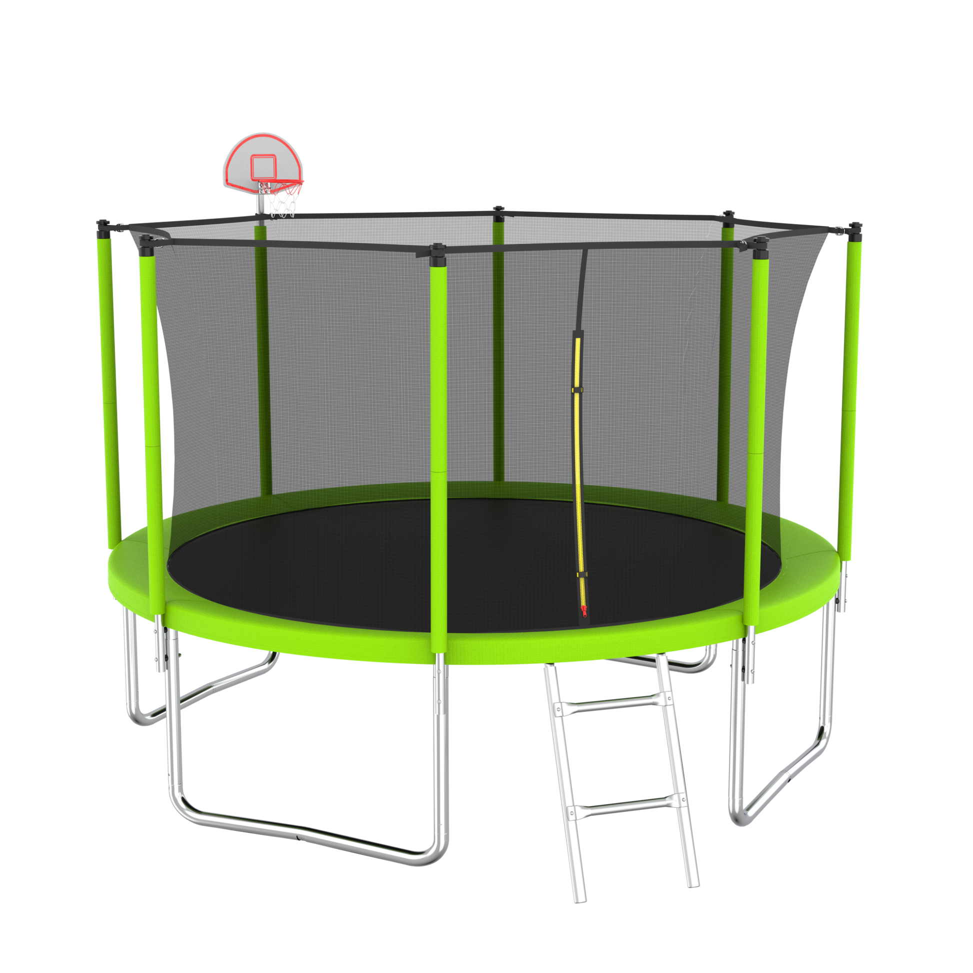 12Ft Trampoline Green For Kids & Adults With Basketball Hoop And Ball ,Recreational Trampolines With Safety Enclosure For Back Yard Outdoor Green Metal