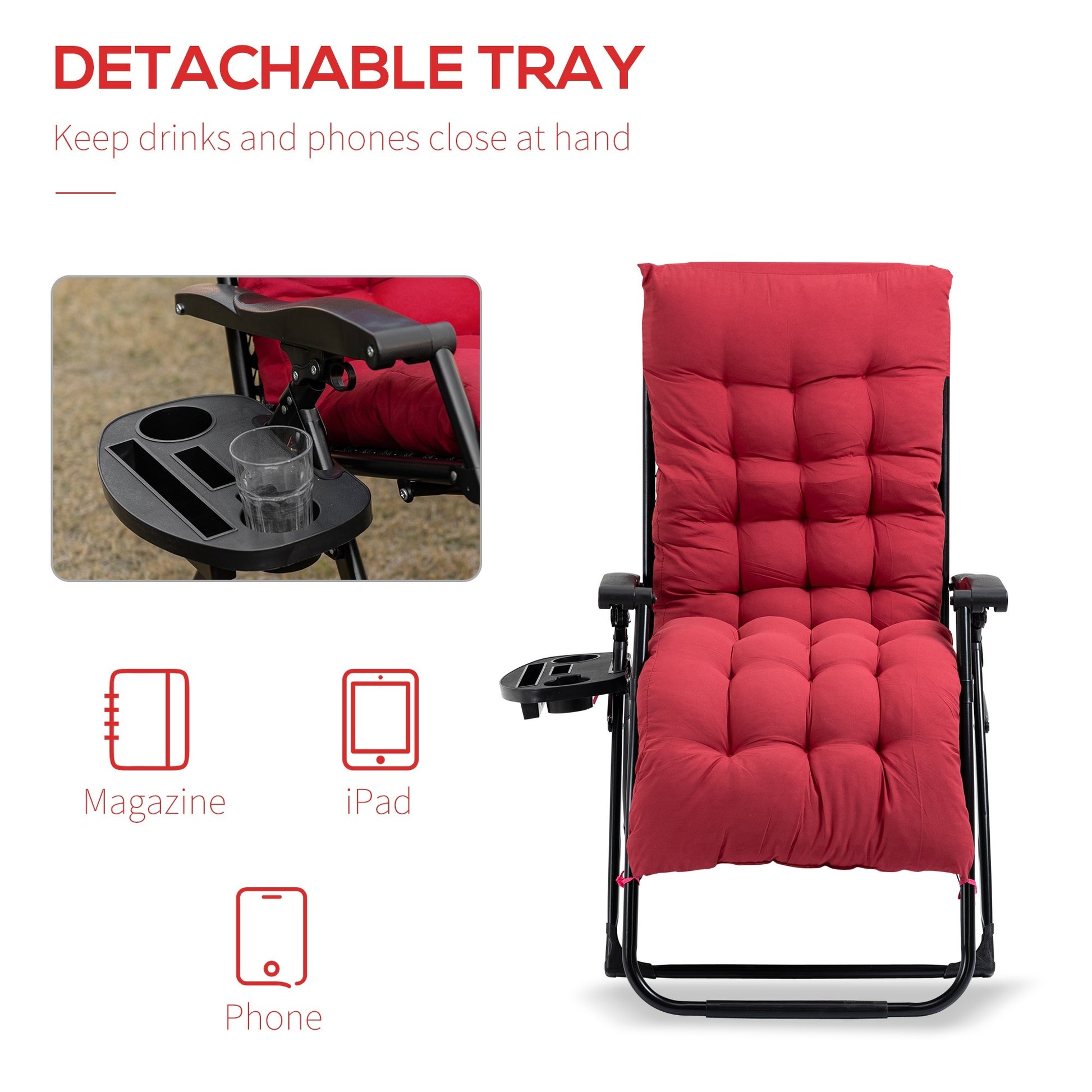 Outsunny Zero Gravity Chair, Folding Reclining Lounge Chair With Padded Cushion, Side Tray For Indoor And Outdoor, Supports Up To 264 Lbs., Red Red Steel