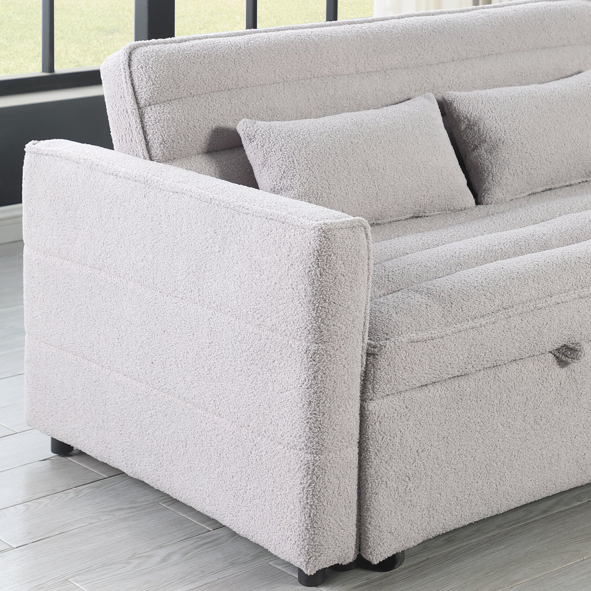 Soft Boucle Convertible Two Bedroom Sofa With Adjustable Back, 2 Seater Sofa, Pull Out Bed, 2 Waist Pillows For Small Living Rooms And Apartments Light Gray Boucle 2 Seat