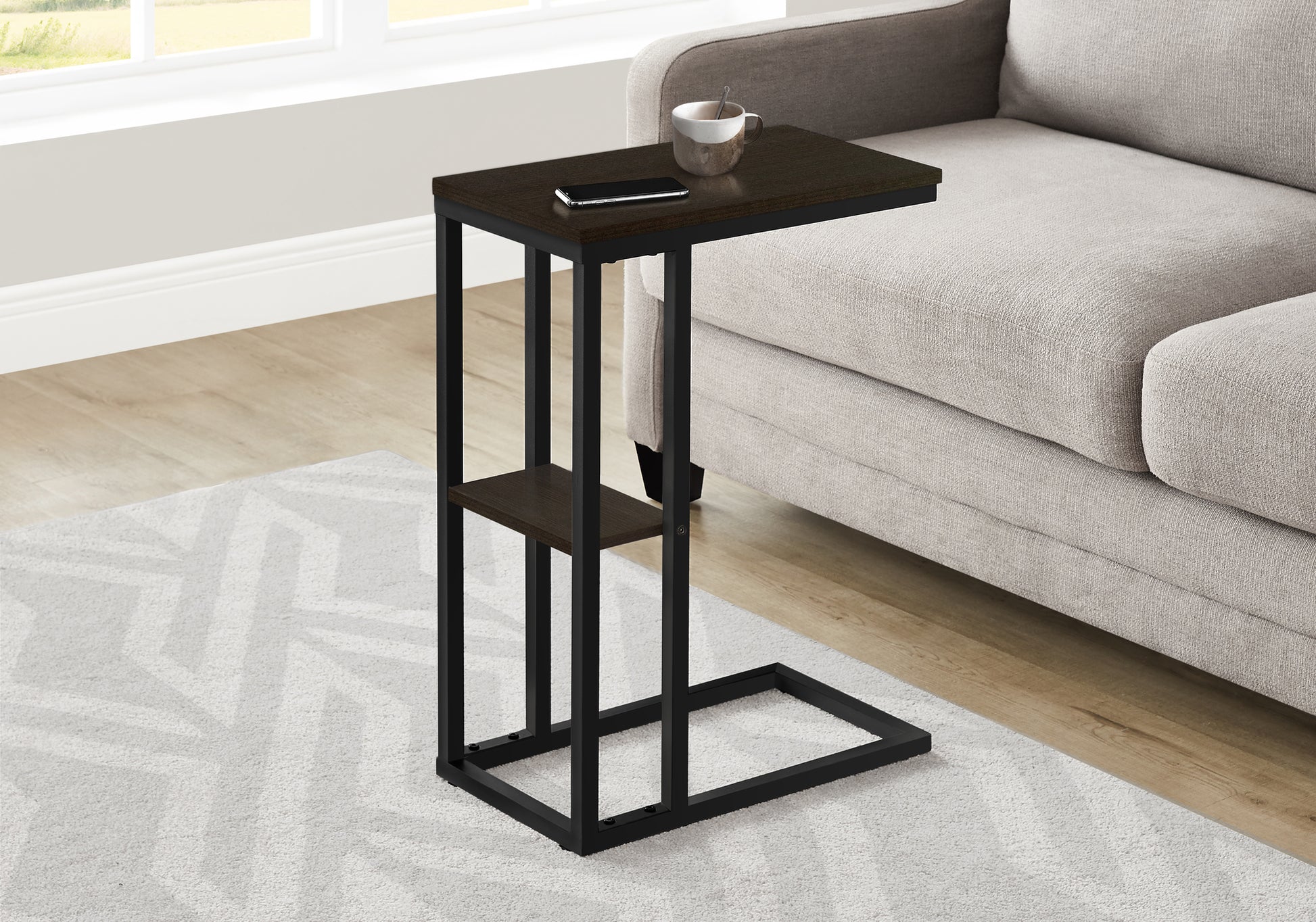 Accent Table, C Shaped, End, Side, Snack, Living Room, Bedroom, Brown Laminate, Black Metal, Contemporary, Modern Espresso Particle Board