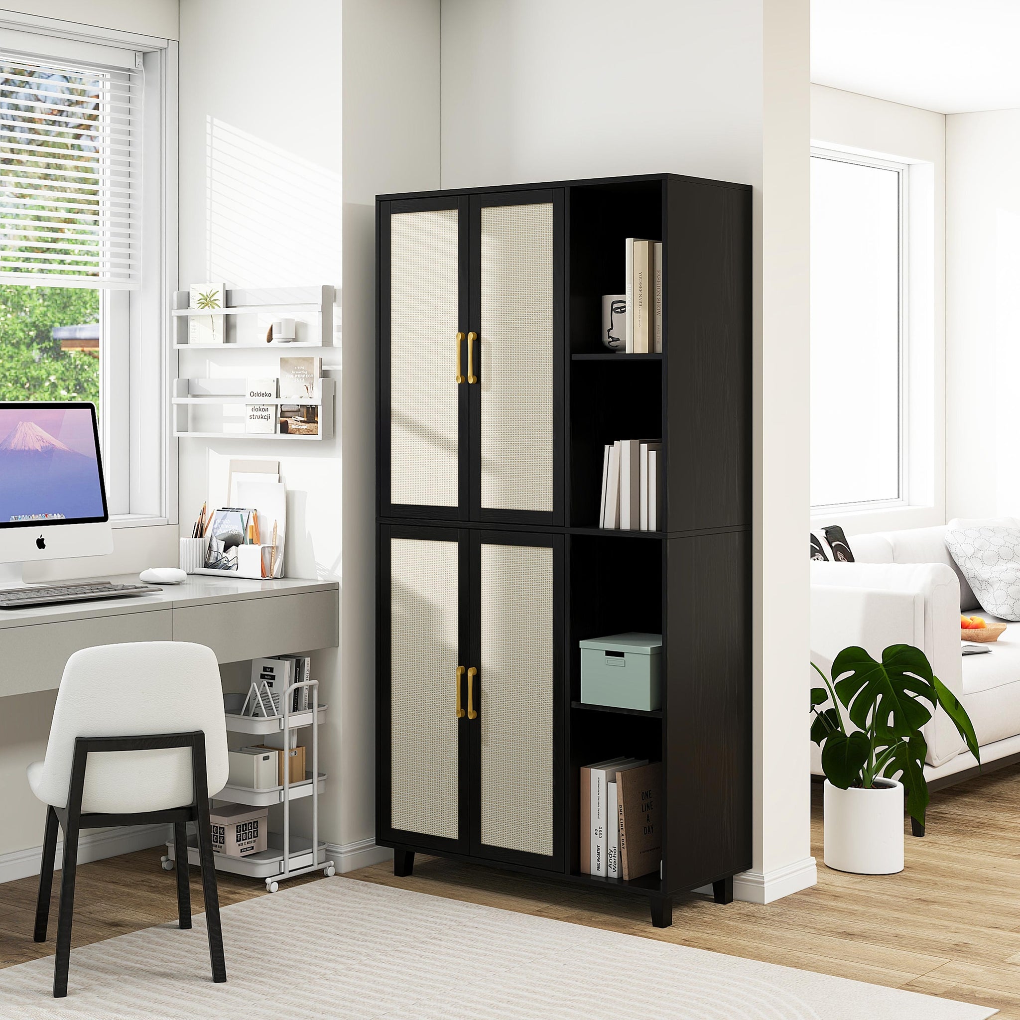 4 Door Cabinet With 4 Shelves With 4 Adjustable Inner Shelves, Storage Cabinet Black Mdf