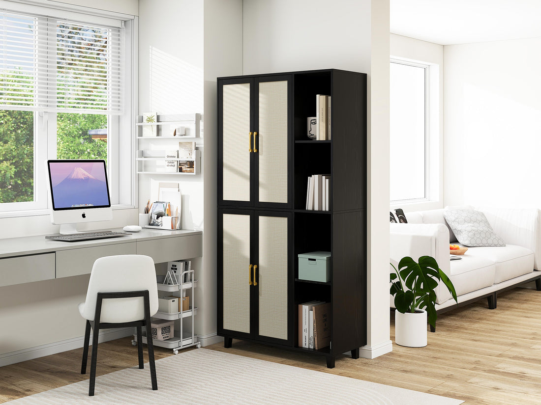 4 Door Cabinet With 4 Shelves With 4 Adjustable Inner Shelves, Storage Cabinet Black Mdf