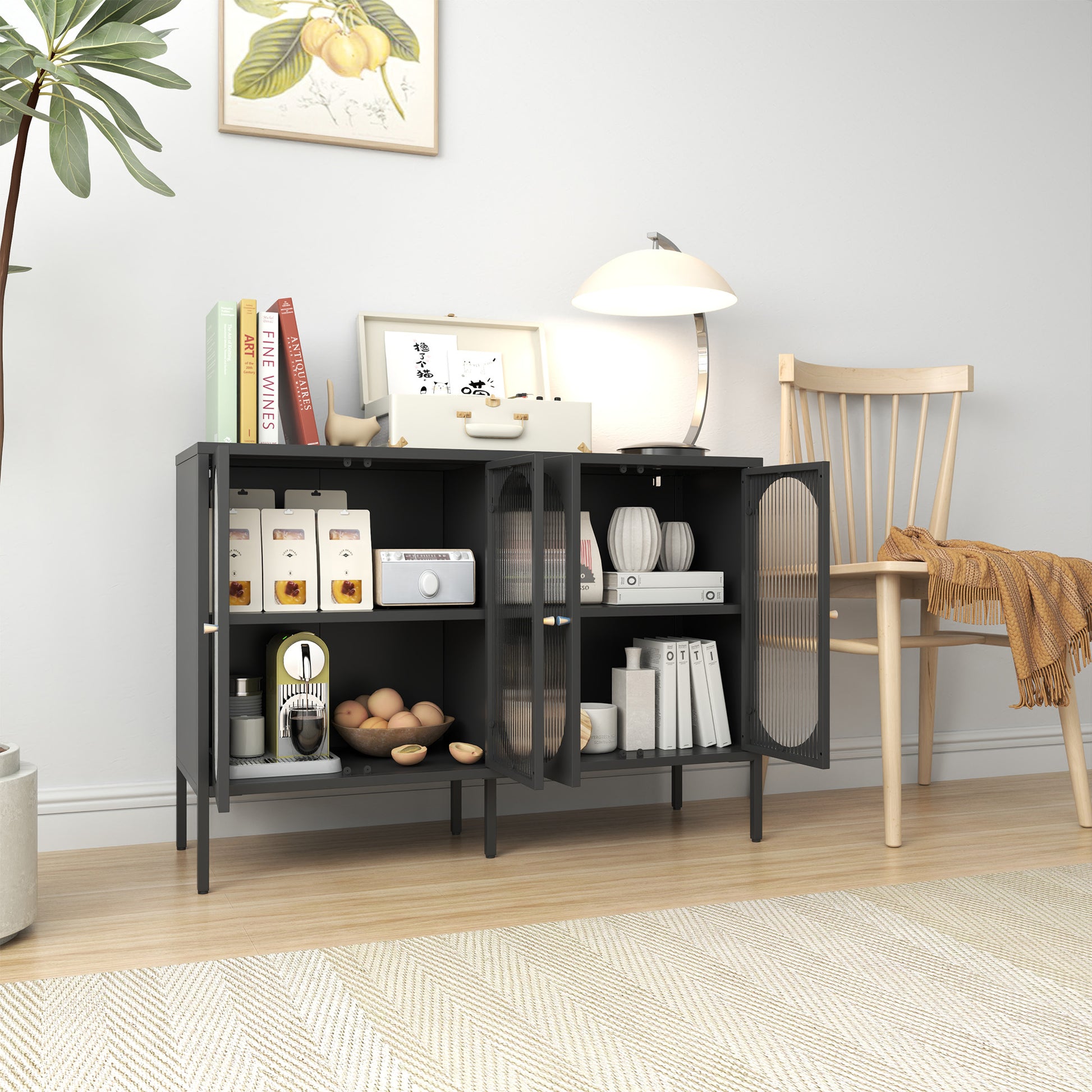 Metal Sideboard Cabinet With 4 Glass Door, Steel Locker Sideboard Buffet Cabinet, Sideboard Buffet Cabinet With 4 Doors, Kitchen Storage Cabinet, Coffee Bar Cabinet For Kitchen, Living Room, Black