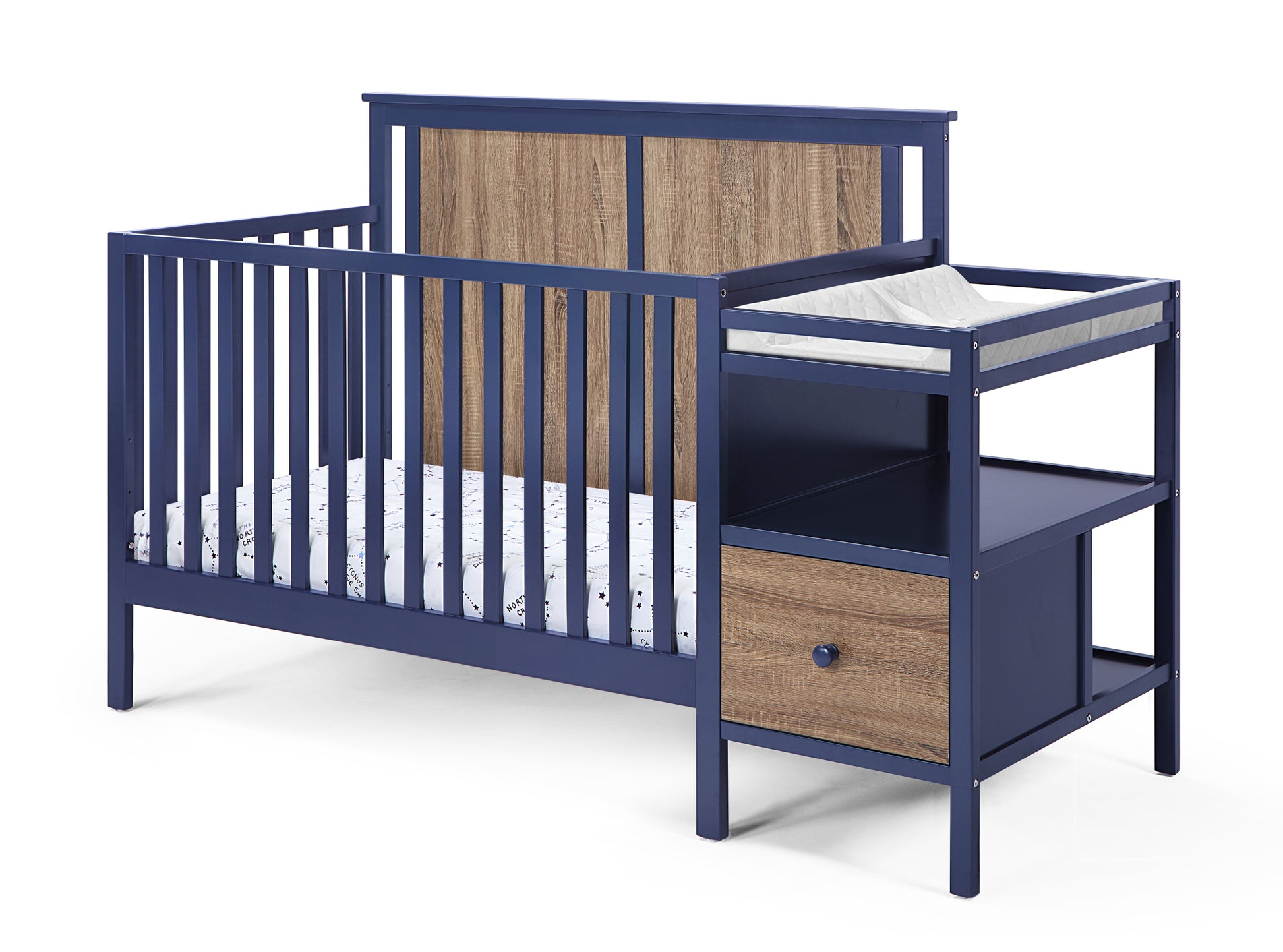 Connelly 4 In 1 Crib And Changer Combo Midnight Blue Vintage Walnut Blue Brown Wood