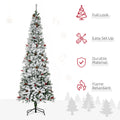 Homcom 7.5' Pencil Snow Flocked Artificial Christmas Tree With 600 Pine Realistic Branches, Pine Cones, Red Berries, Auto Open, Green Green Plastic