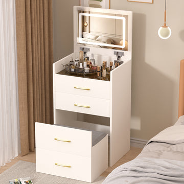 3 In 1 Vanity Desk With Open Top Mirror,Small Make Up Vanity Set With Visible Glass Desktop,Compact Makeup Vanity With 3 Drawers,Dressing Table For Bedroom White White Drawer 3 Drawers Bedroom Ball