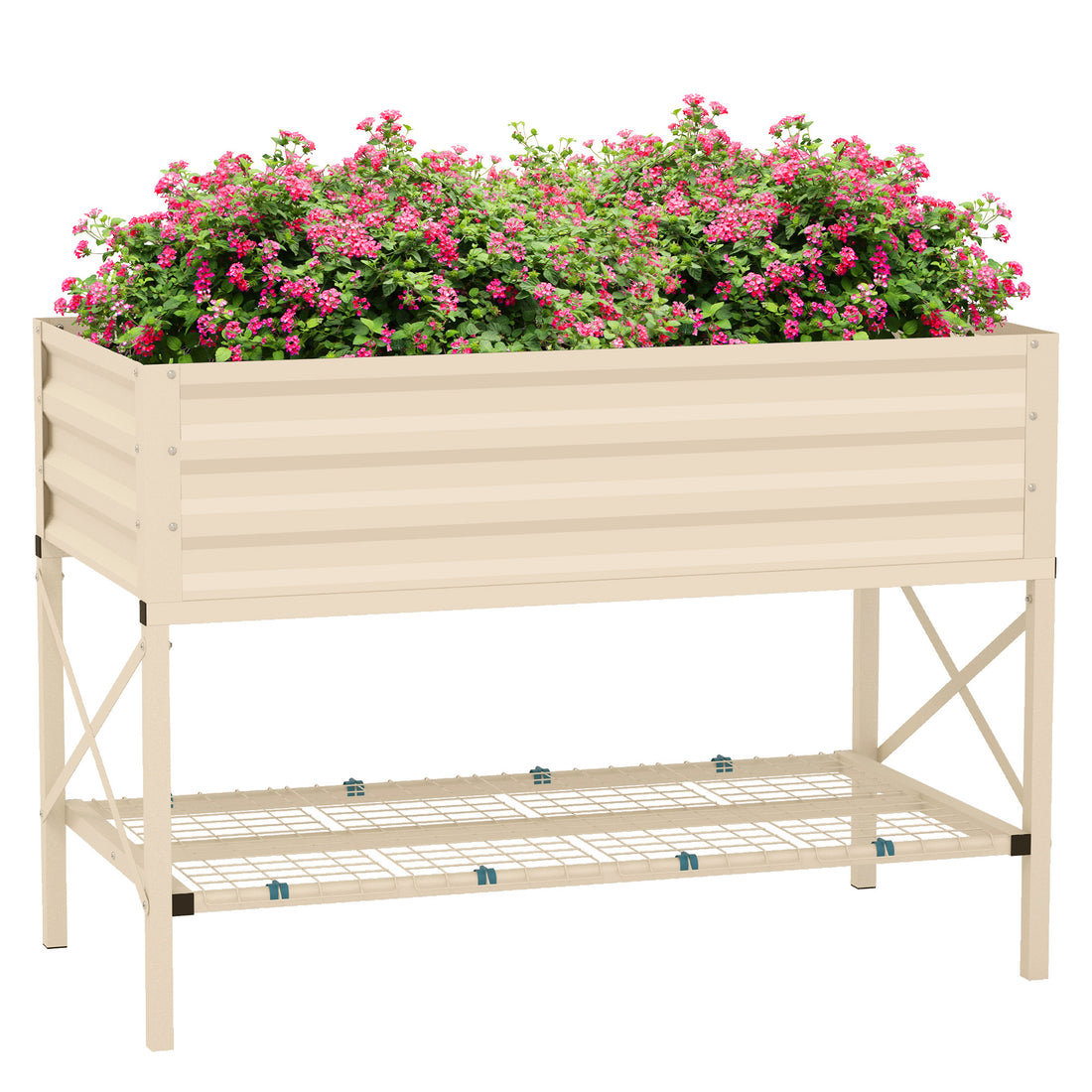 Outsunny Raised Garden Bed With Galvanized Steel Frame, Storage Shelf And Bed Liner, Elevated Planter Box With Legs For Vegetables, Flowers, Herbs, Cream Cream White Steel