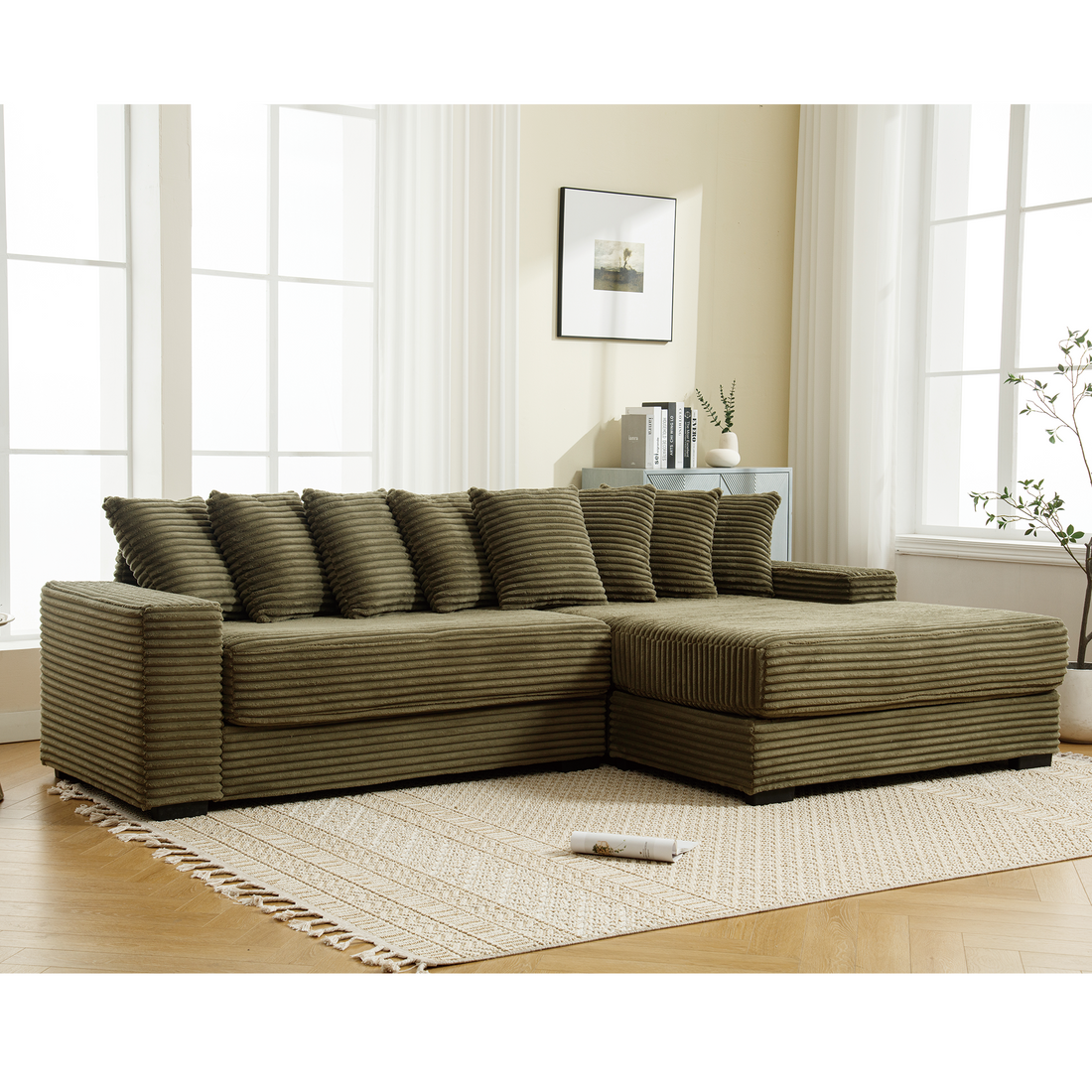 Arrived Oversized Two Piece Couches, L Shaped Sofa, Corduroy, Right Chaise Daybed,With Armrests,Eight Throw Pillows,Corner Sofa,Easy To Assemble, Green Green Polyester Wood Primary Living Space Medium Soft Pillow Back Modern Square Arms Wood 3 Seat