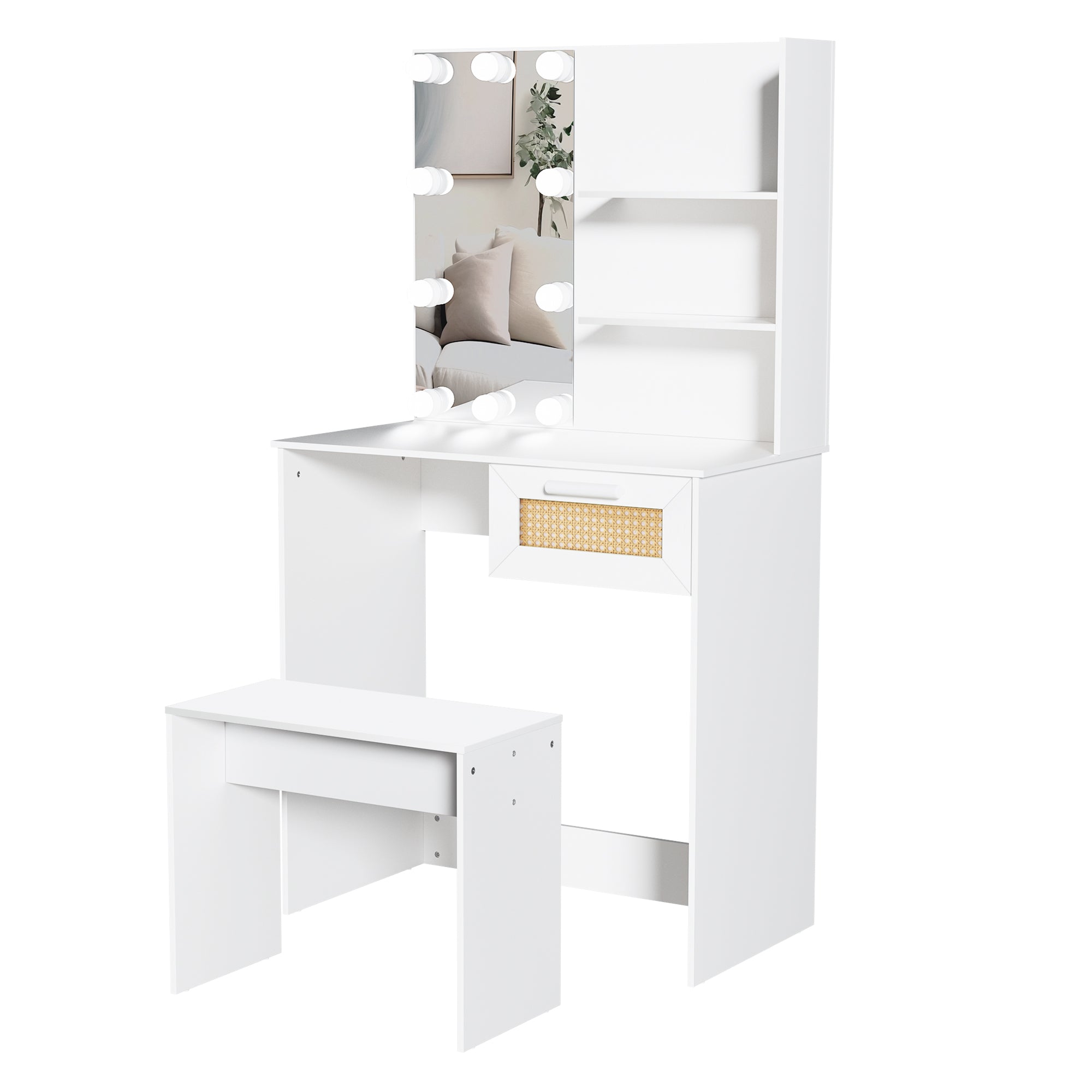 Vanity Desk Set Stool & Dressing Table With Led Lighting Mirror Drawer And Compartments Modern Wood Cosmetic Table Chest Of Drawers White Color Glossy White 1 Drawer Wood