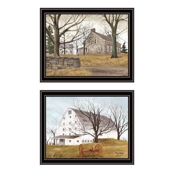 2 Piece Vignette Stone Cottage Farmhouse & White Wooden Barn With Hay Rake Black Framed Wall Art For Living Room, Bedroom Wall Art Print For Home Decor By Billy Jacobs Multicolor Wood Paper
