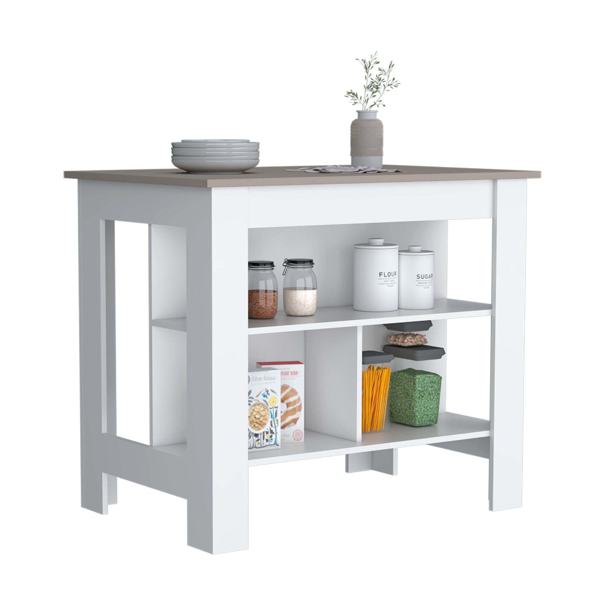 Cortes Kitchen Island 2 Tier Shelf 40" Width And Large Work Top Multi Kitchen Modern Rectangular Stationary Kitchen Islands Particle Board Medium 40 55In