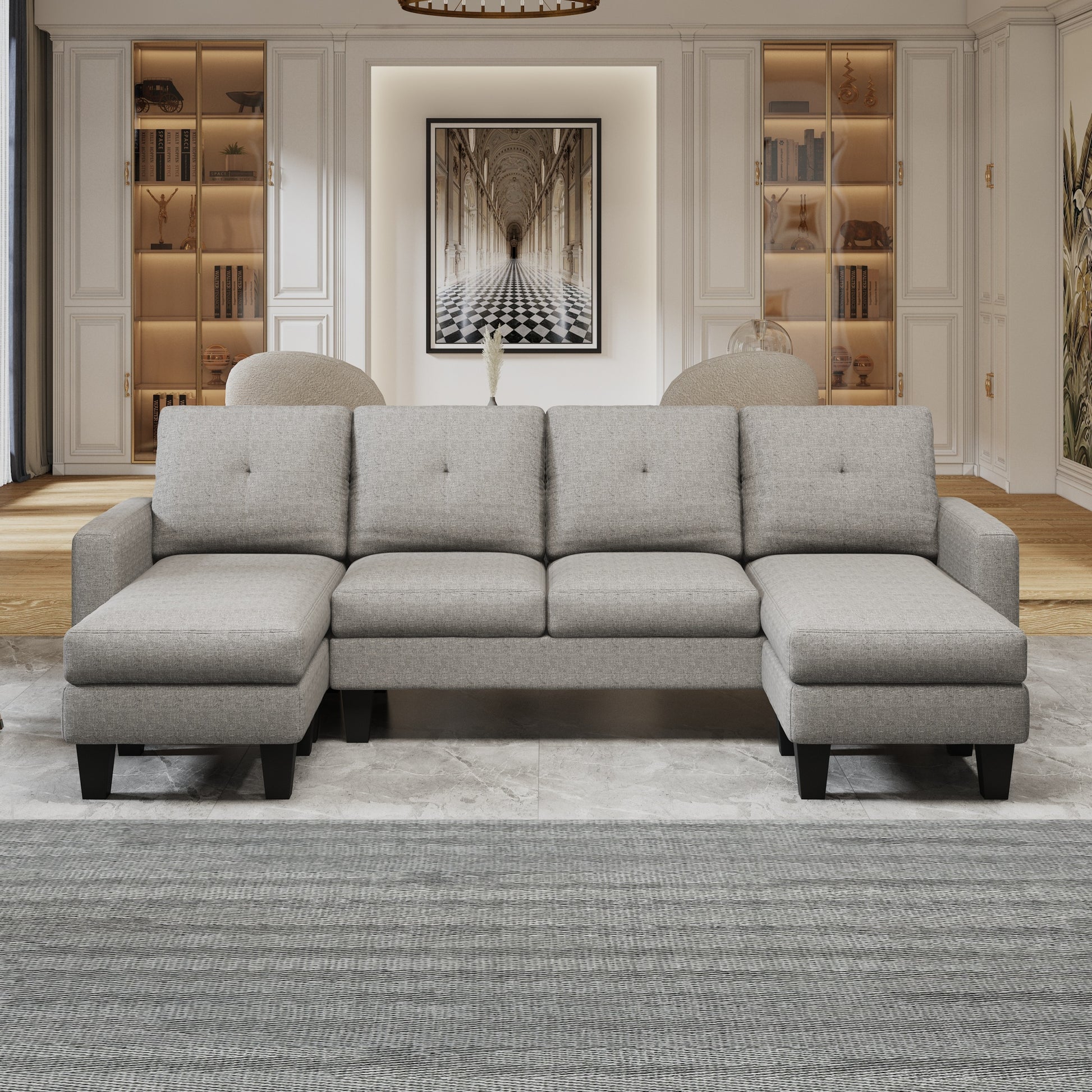 U Shaped Sofa Coch 4 Seat Sofa With Chaise Polyester Fabric For Living Room Apartment Office Light Grey Light Gray Primary Living Space Soft Eucalyptus Foam Linen 4 Seat