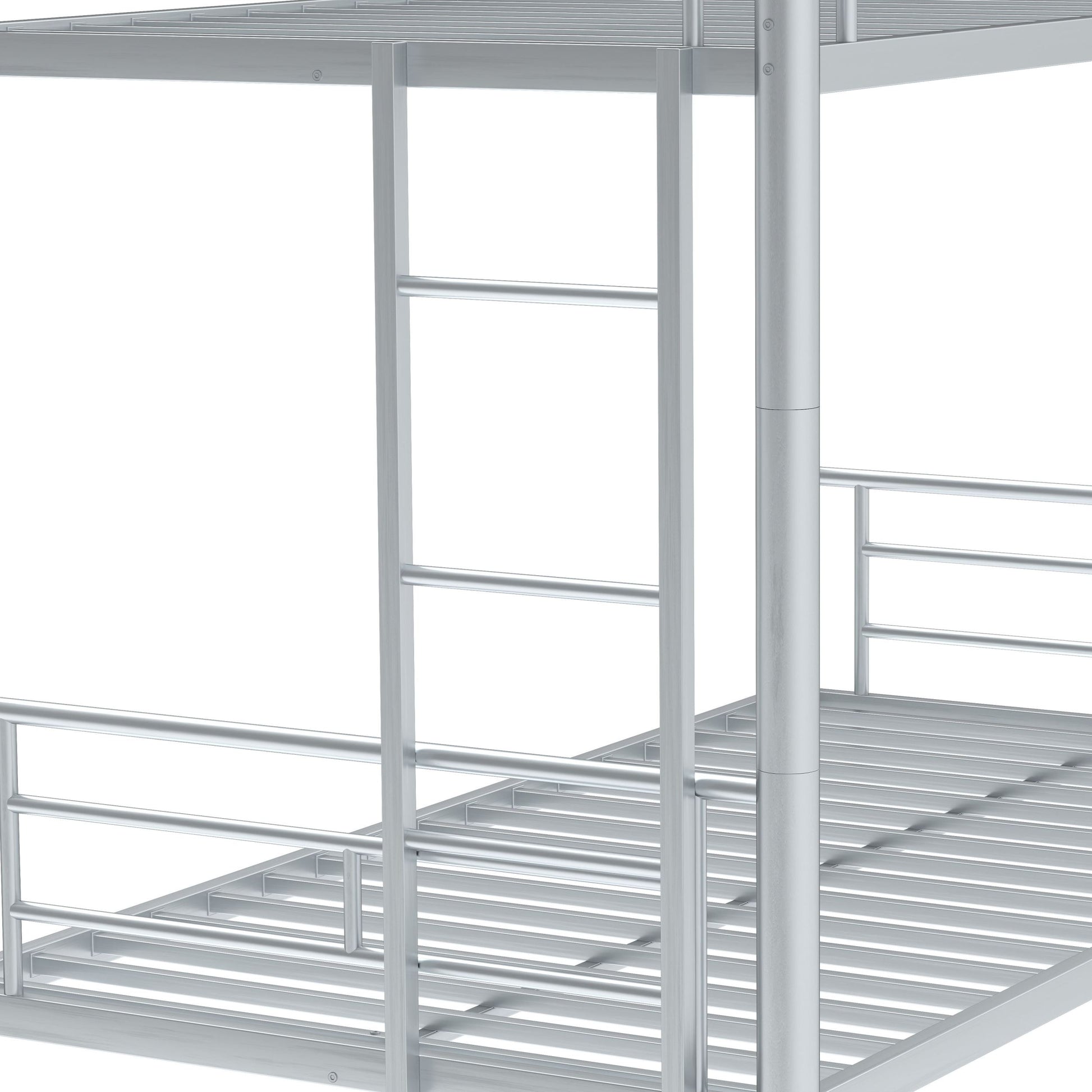 Heavy Duty Sturdy Meta Twin Over Twin With Trundle Bunk Bed L Noise Reduced Safety Guardrail No Box Spring Needed,Gray Silver Twin Gray Silver Metal