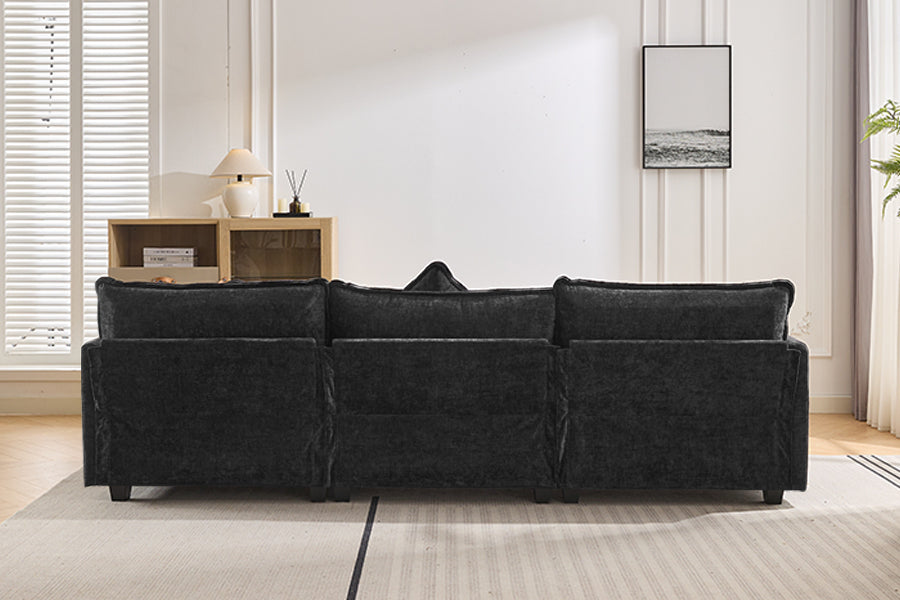 112.2" L Shape Chenille Upholstered Sofa For Living Room Modern Luxury Sofa Couch With Ottoman And 5 Pillows For Living Room Sg001160Aa , Black Black Foam 4 Seat