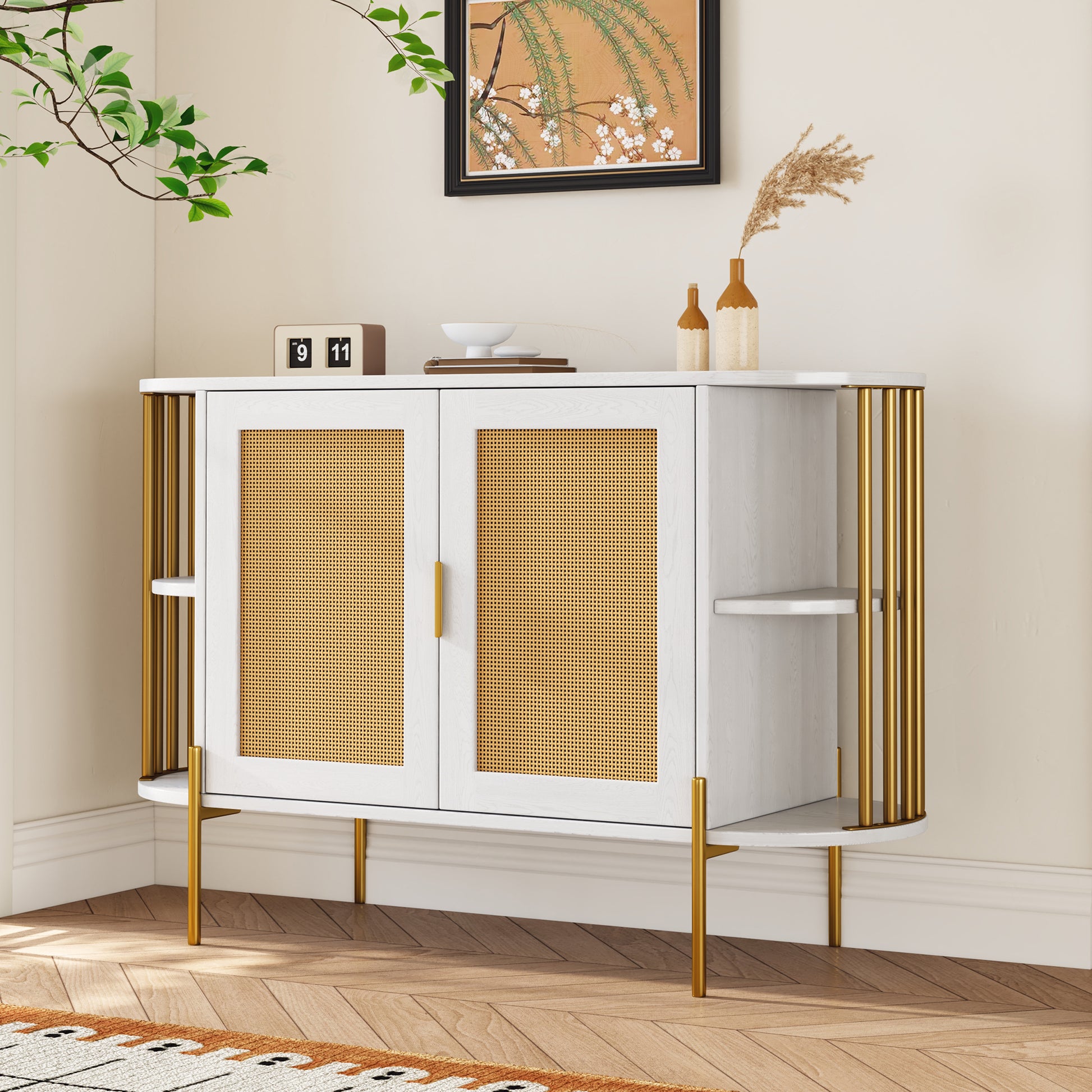 2 Door Elegant Curved Dining Cabinet With Gold Trim And Woven Rattan Doors For Dining Room White White Particle Board