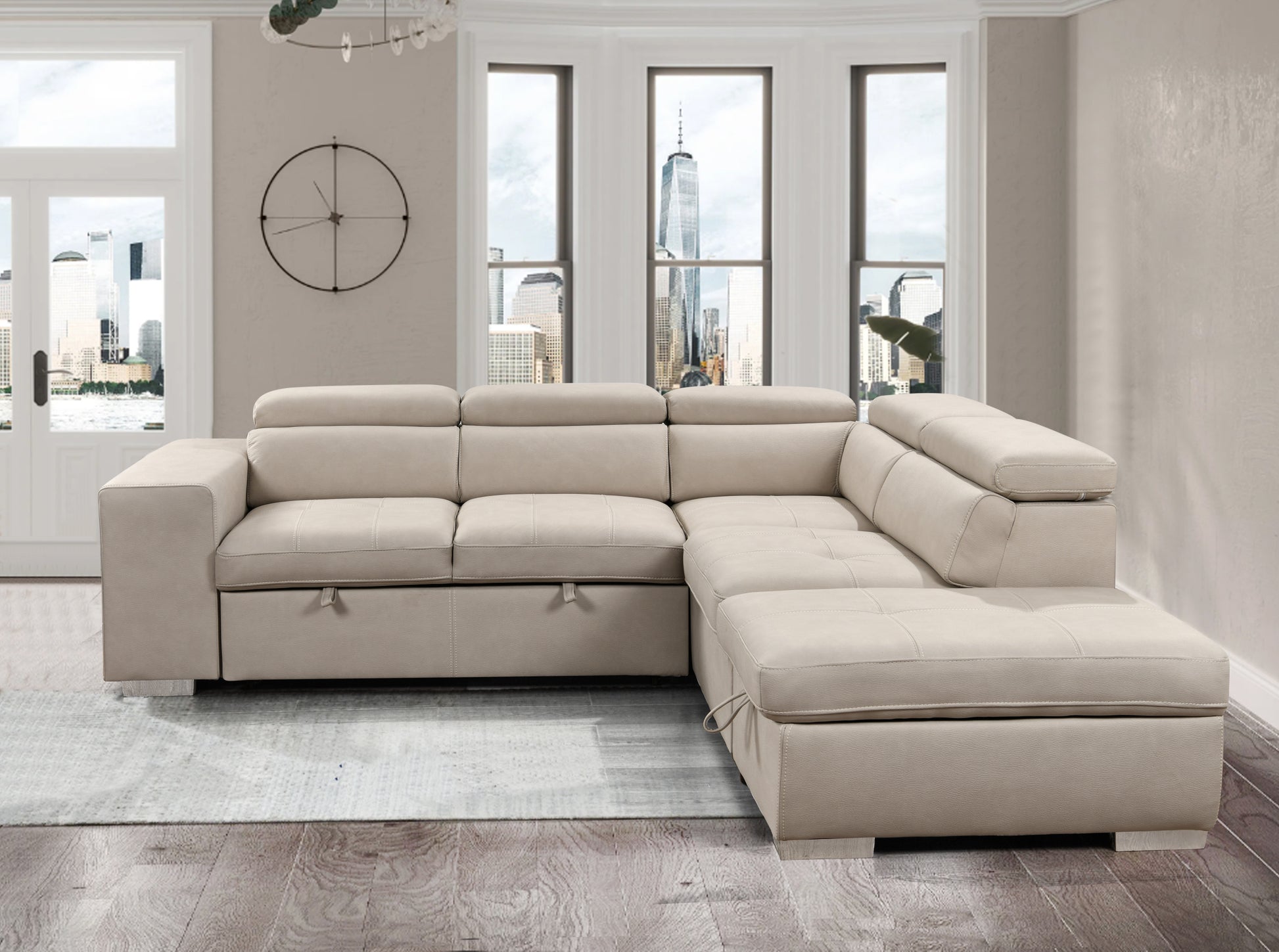 105" Sectional Sofa With Adjustable Headrest ,Sleeper Sectional Pull Out Couch Bed With Storage Ottoman And 2 Stools,Beige Light Brown Wood Primary Living Space Heavy Duty Eucalyptus 5 Seat Beige Microfiber Soft Cushion Back Modern Square Arms Foam