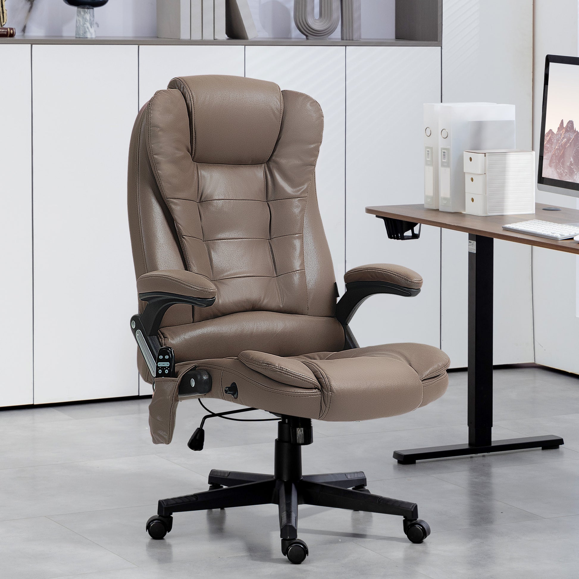 Homcom 6 Point Vibrating Massage Office Chair With Heat, Microfiber High Back Executive Office Chair With Reclining Backrest, Padded Armrests And Remote, Dark Brown Brown Polyester