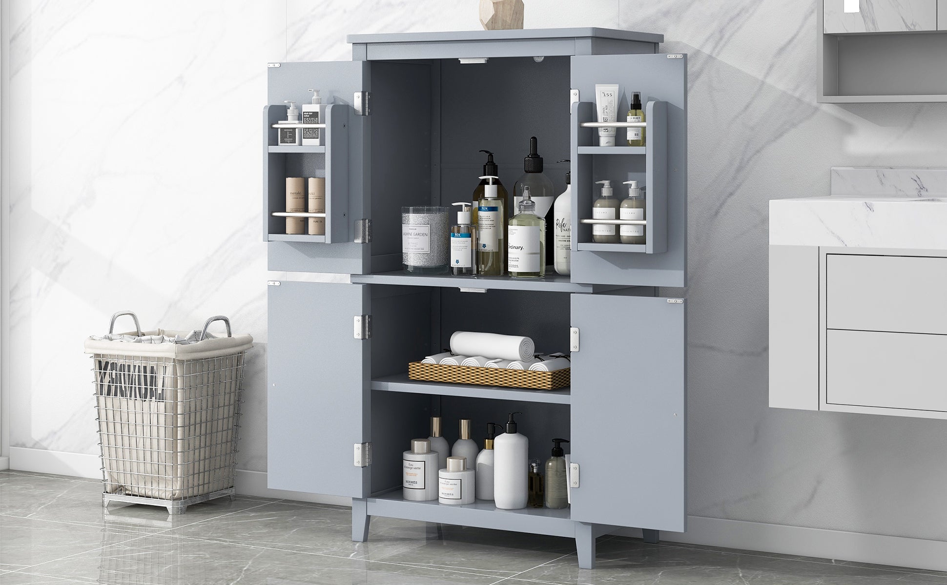 Elegant Bathroom Floor Storage Cabinet, Bathroom Storage Unit, Freestanding Cabinet With 4 Doors, Adjustable Shelves, Adaptable Shelves, Grey Grey Mdf