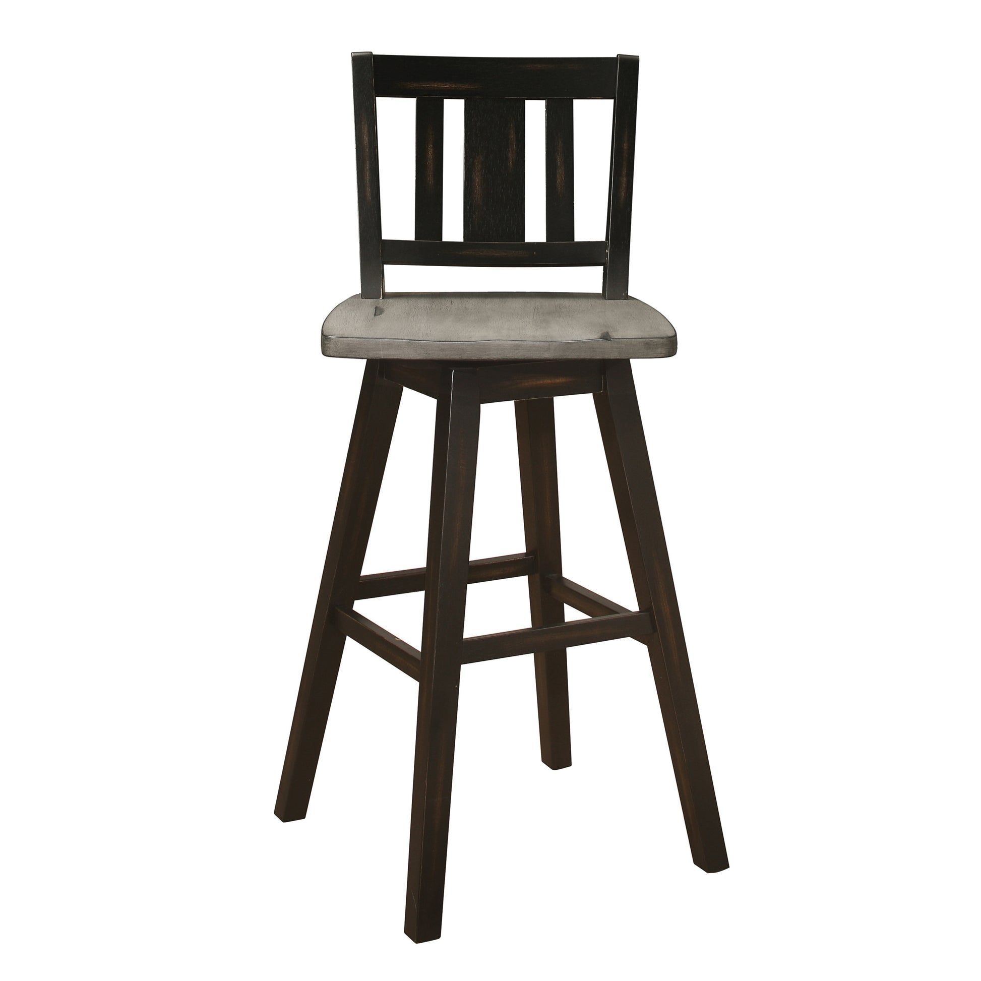 Pub Height Chairs Set Of 2, Distressed Gray And Black 360 Degree Swivel Chair Solid Rubberwood Furniture, Vertical Slat Back Bar Chairs Black Gray Dining Room Rustic Slat Back Solid Wood