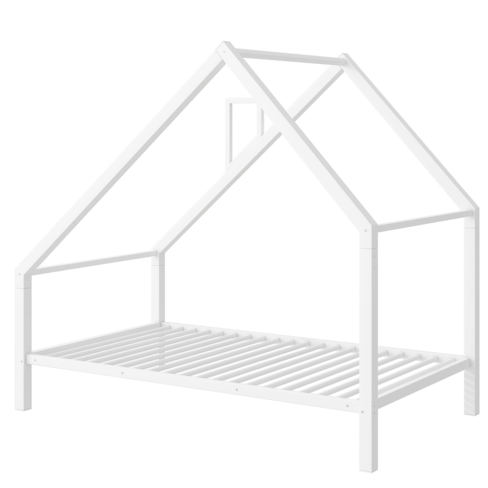 Twin Size Metal House Platform Bed With Roof And Chimney, White Box Spring Not Required Twin White Metal Bedroom Bed Frame Metal