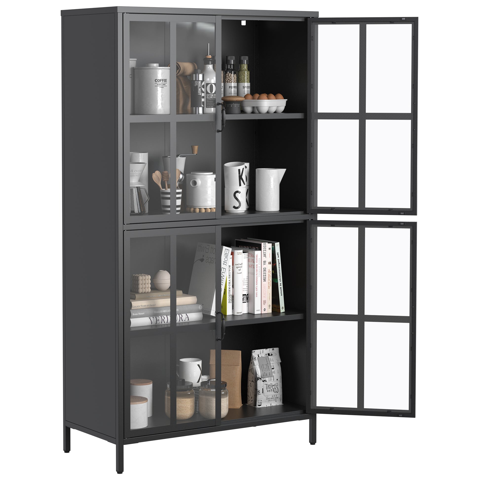 Premium Black Metal Storage Cabinet With Tempered Glass Doors, Adjustable Shelves, Anti Tipping Device, Magnetic Silent Closure, And Adjustable Feet For Home And Office Use Accent Chests 3 4 Spaces